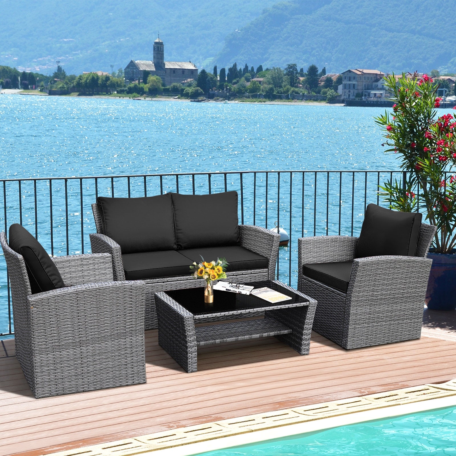 4 Pieces Patio Rattan Furniture Set Sofa Table with Storage Shelf Cushion, Black Patio Conversation Sets   at Gallery Canada