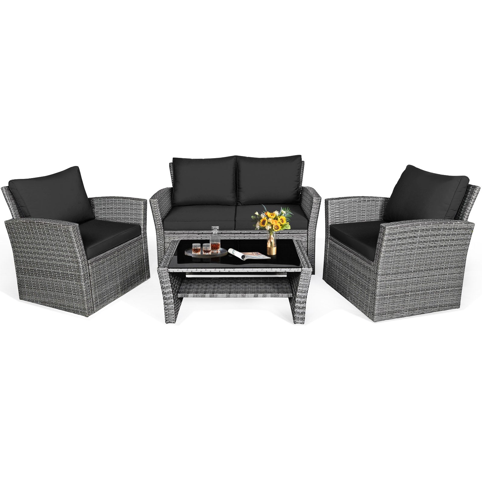 4 Pieces Patio Rattan Furniture Set Sofa Table with Storage Shelf Cushion, Black Patio Conversation Sets   at Gallery Canada