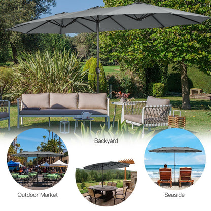 15 Feet Double-Sided Twin Patio Umbrella with Crank and Base Coffee in Outdoor Market, Gray - Gallery Canada