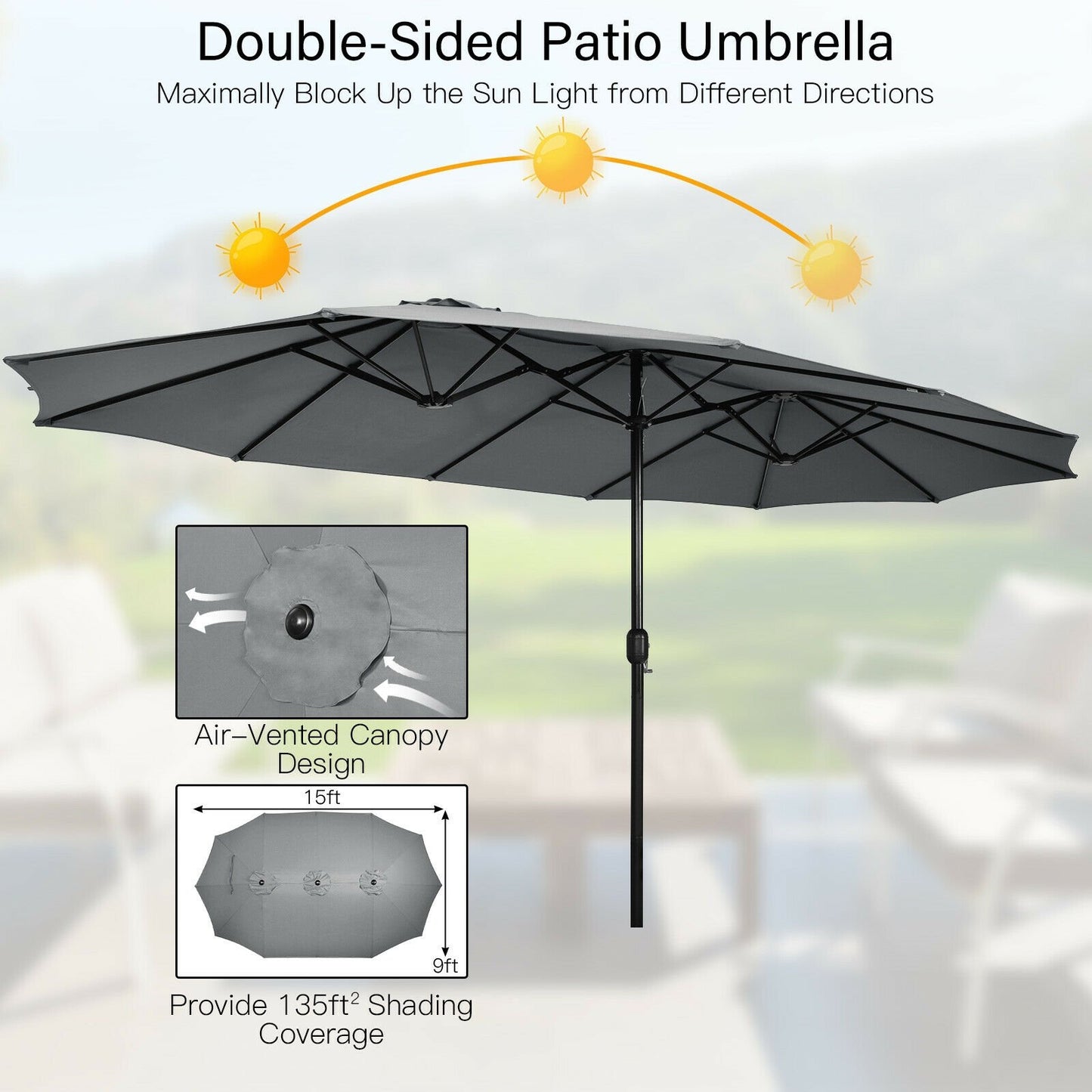 15 Feet Double-Sided Twin Patio Umbrella with Crank and Base Coffee in Outdoor Market, Gray - Gallery Canada