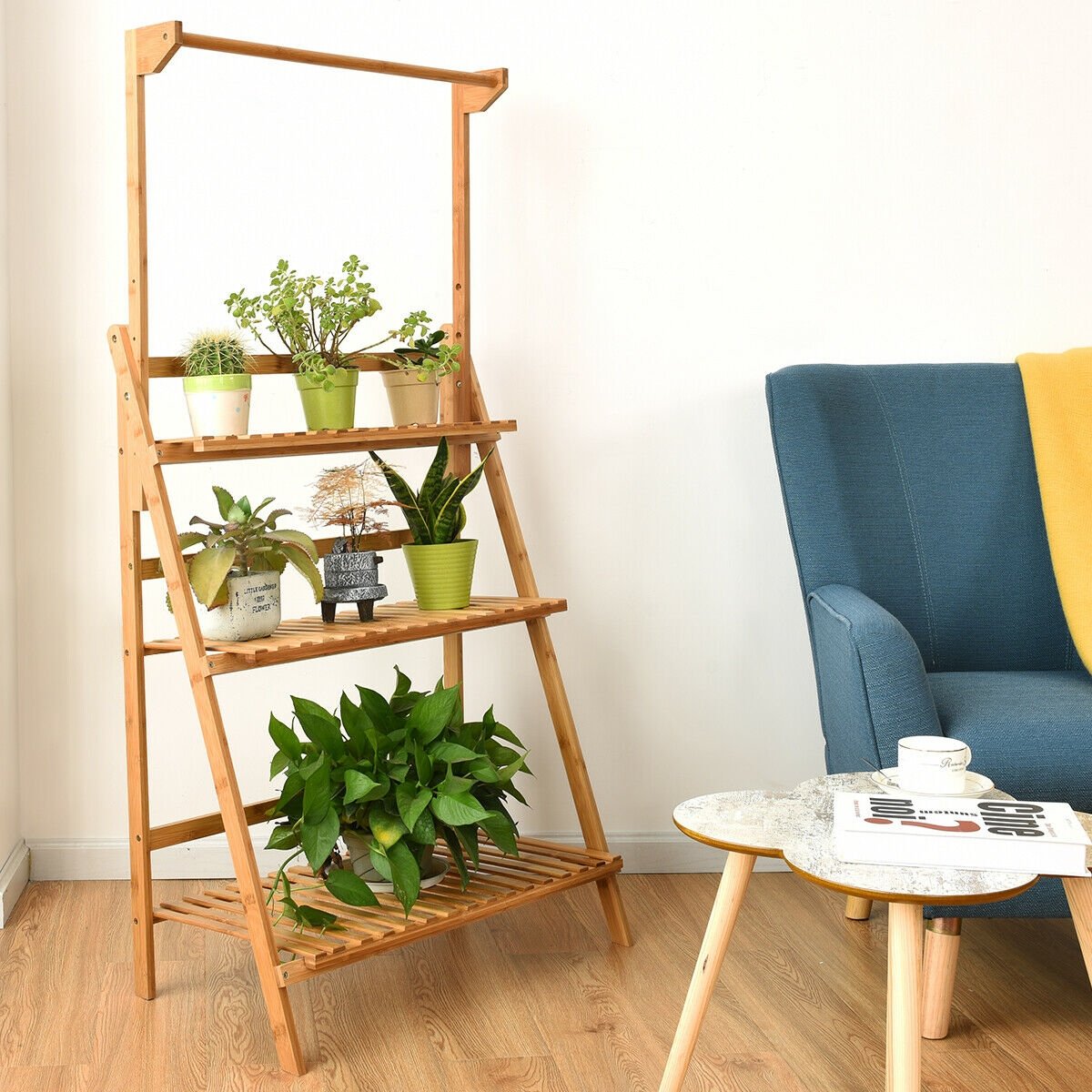 3 Tiers Bamboo Hanging Folding Plant Shelf Stand, Natural Plant Stands   at Gallery Canada