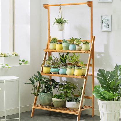 3 Tiers Bamboo Hanging Folding Plant Shelf Stand, Natural - Gallery Canada