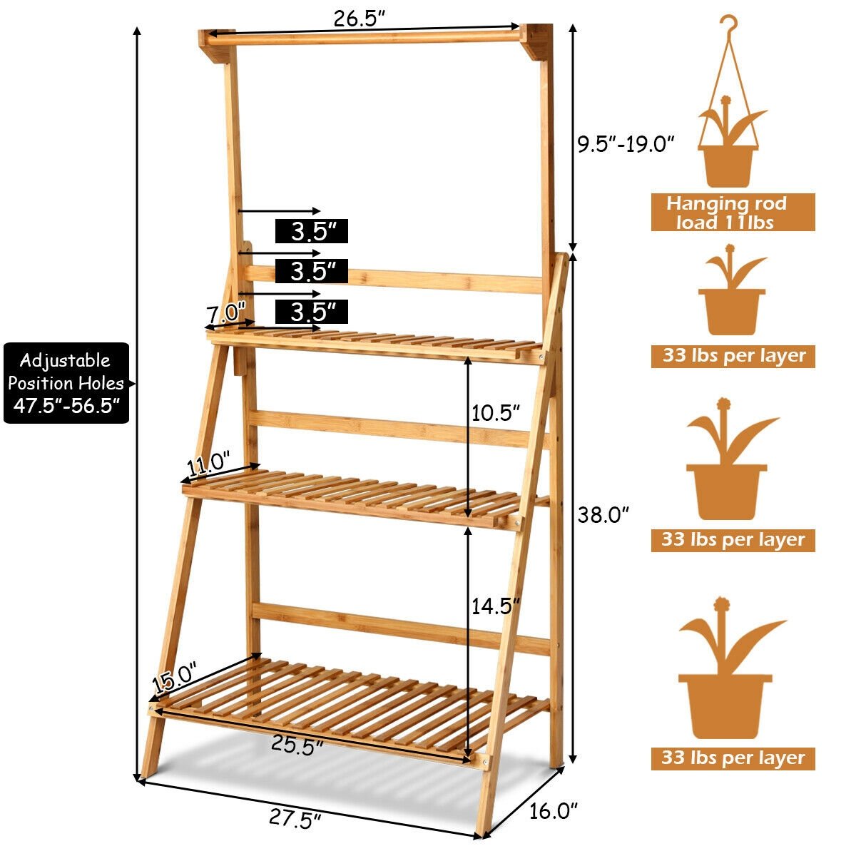 3 Tiers Bamboo Hanging Folding Plant Shelf Stand, Natural - Gallery Canada