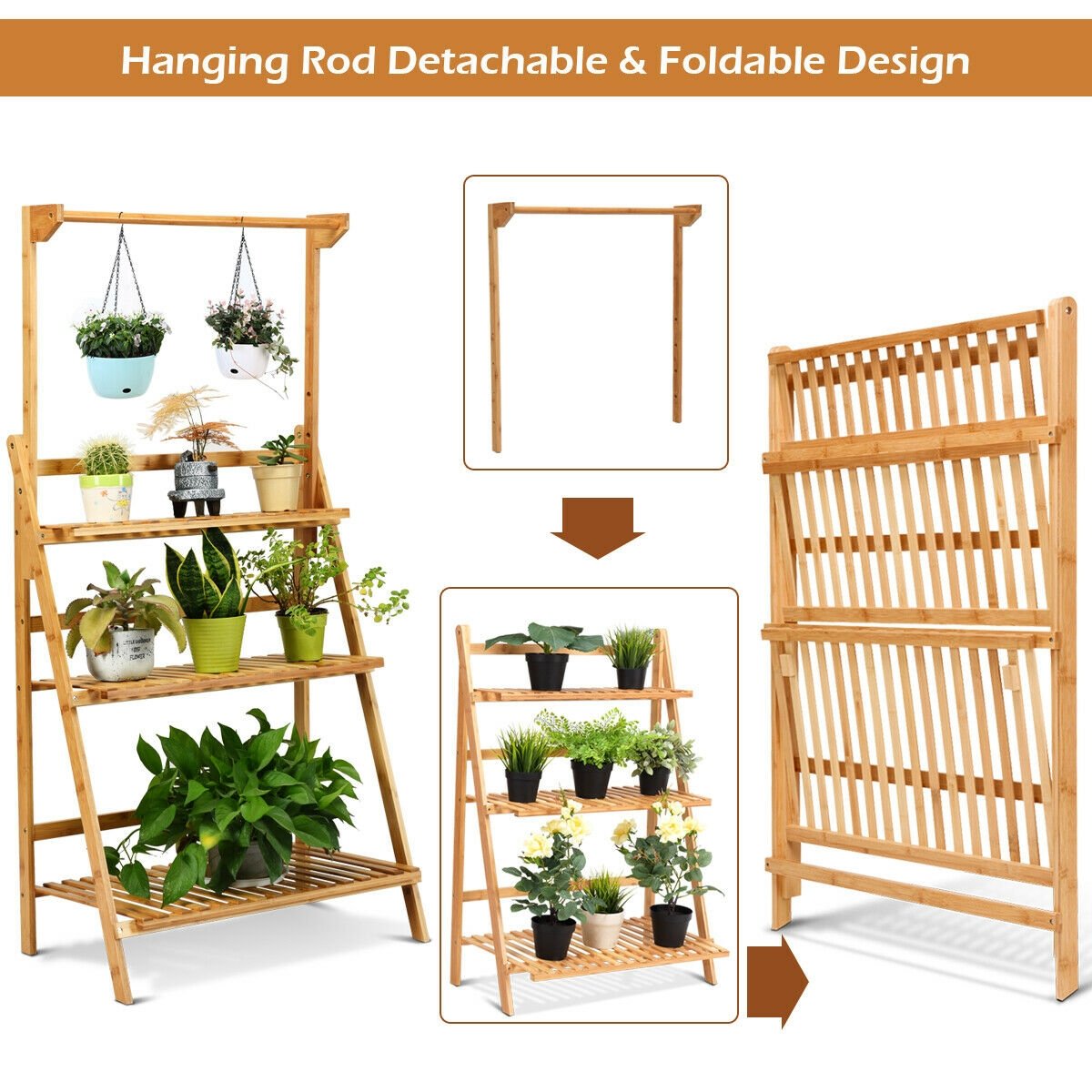3 Tiers Bamboo Hanging Folding Plant Shelf Stand, Natural - Gallery Canada