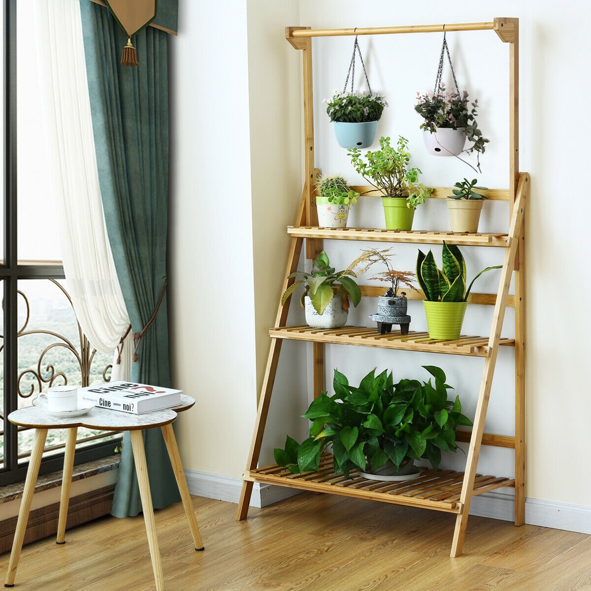 3 Tiers Bamboo Hanging Folding Plant Shelf Stand, Natural - Gallery Canada
