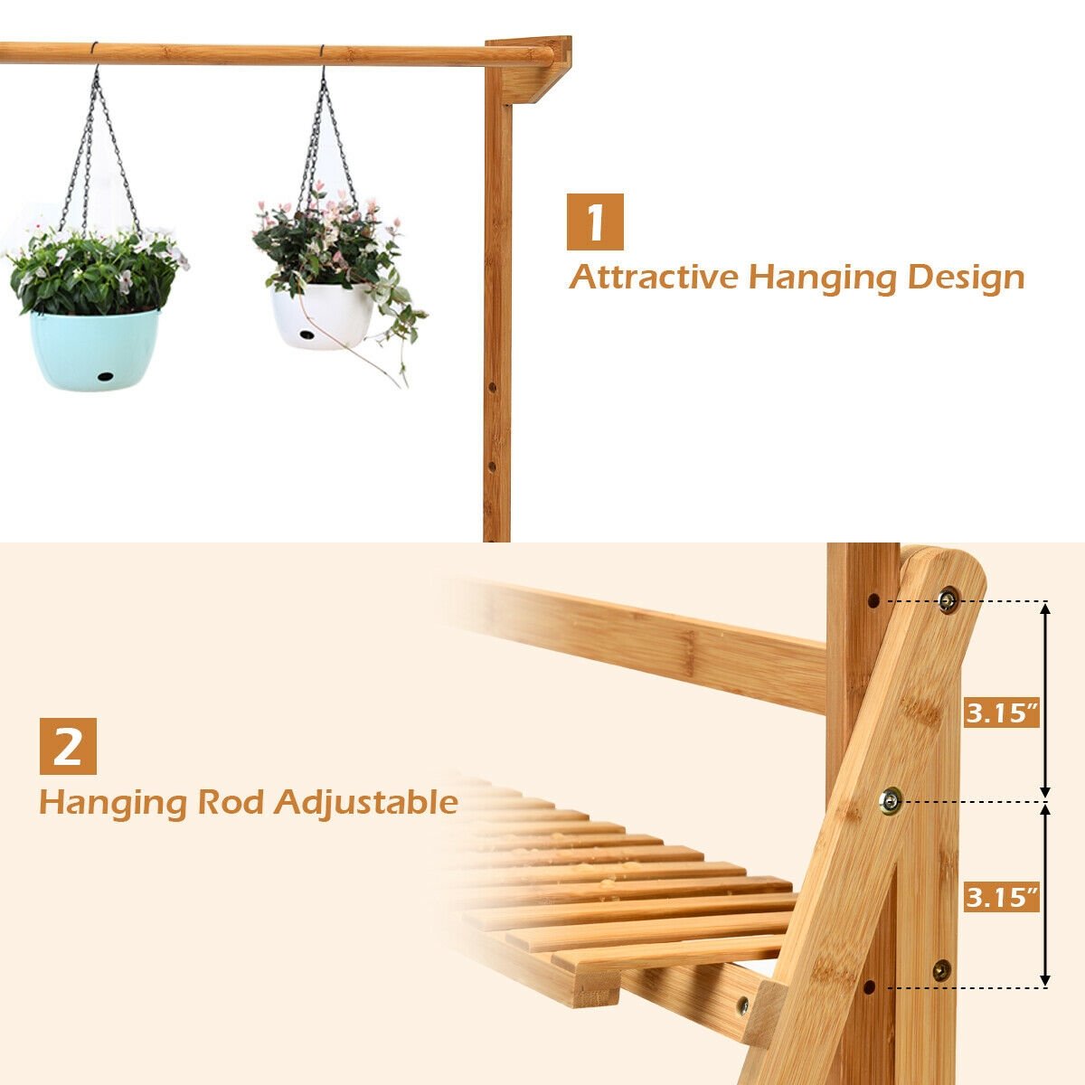 3 Tiers Bamboo Hanging Folding Plant Shelf Stand, Natural - Gallery Canada