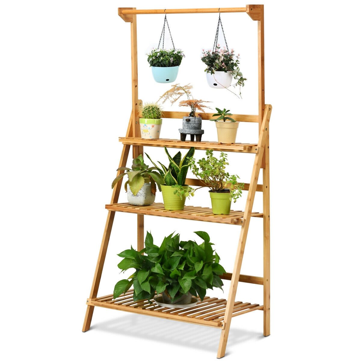 3 Tiers Bamboo Hanging Folding Plant Shelf Stand, Natural Plant Stands   at Gallery Canada