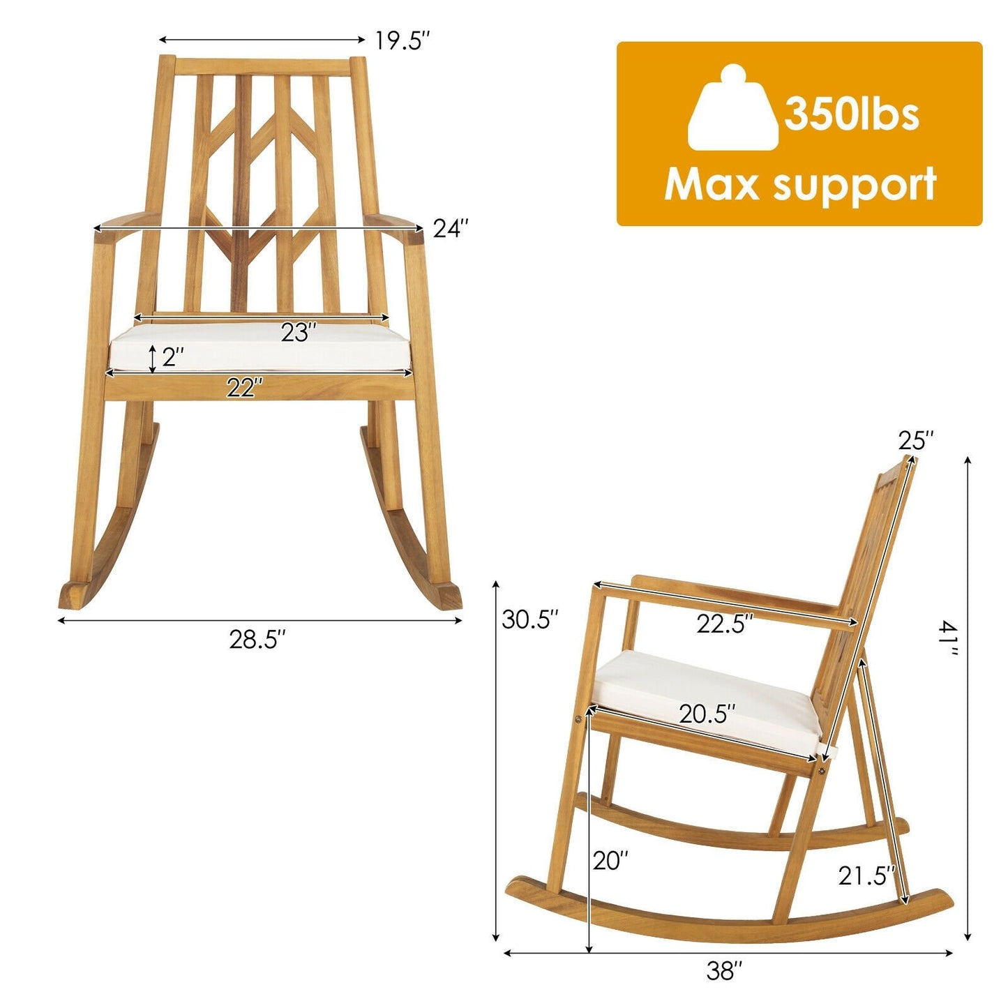 Patio Acacia Wood Rocking Chair Sofa with Armrest and Cushion for Garden and Deck, White Patio Rocking Chairs & Gliders   at Gallery Canada