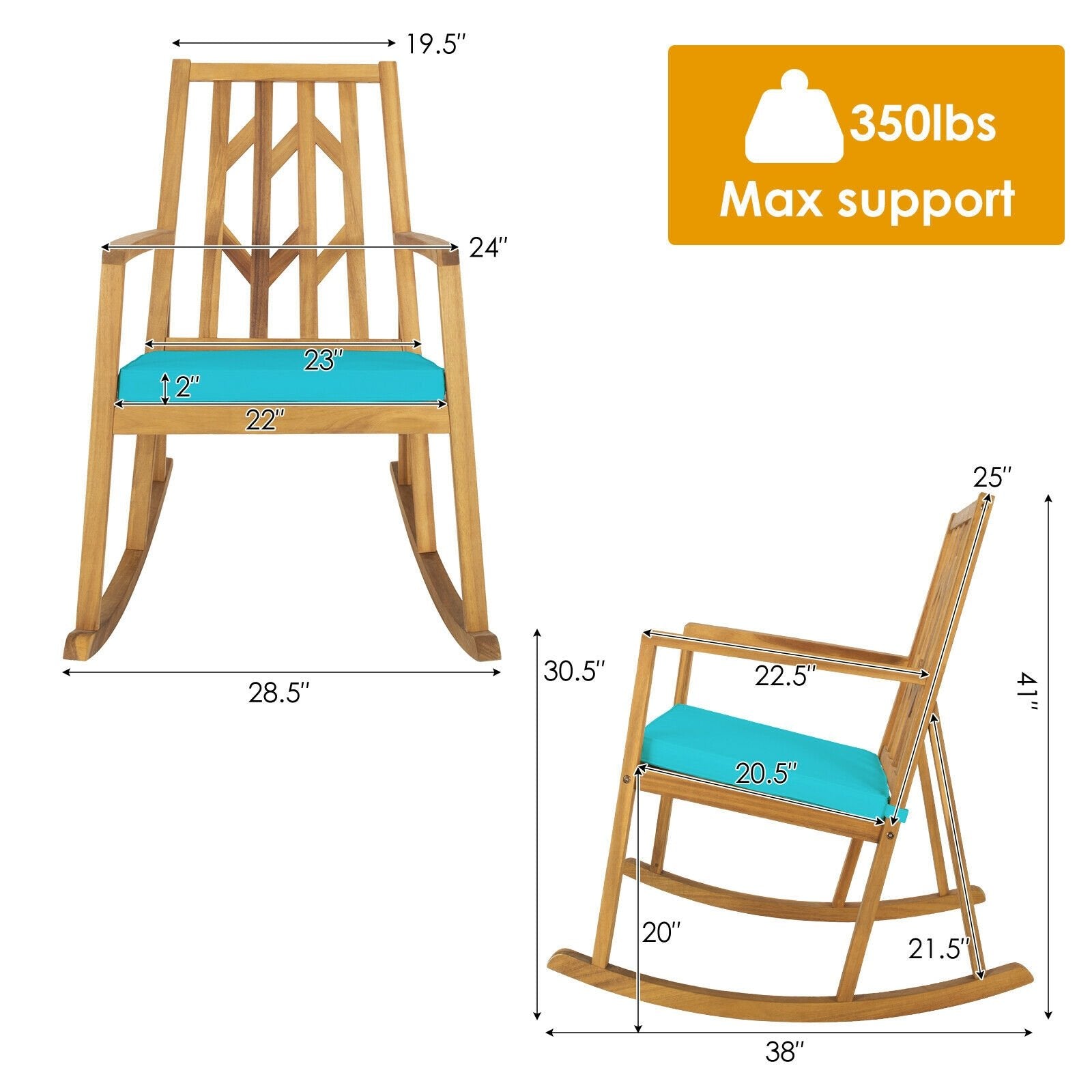 Patio Acacia Wood Rocking Chair Sofa with Armrest and Cushion for Garden and Deck, Turquoise Patio Rocking Chairs & Gliders   at Gallery Canada