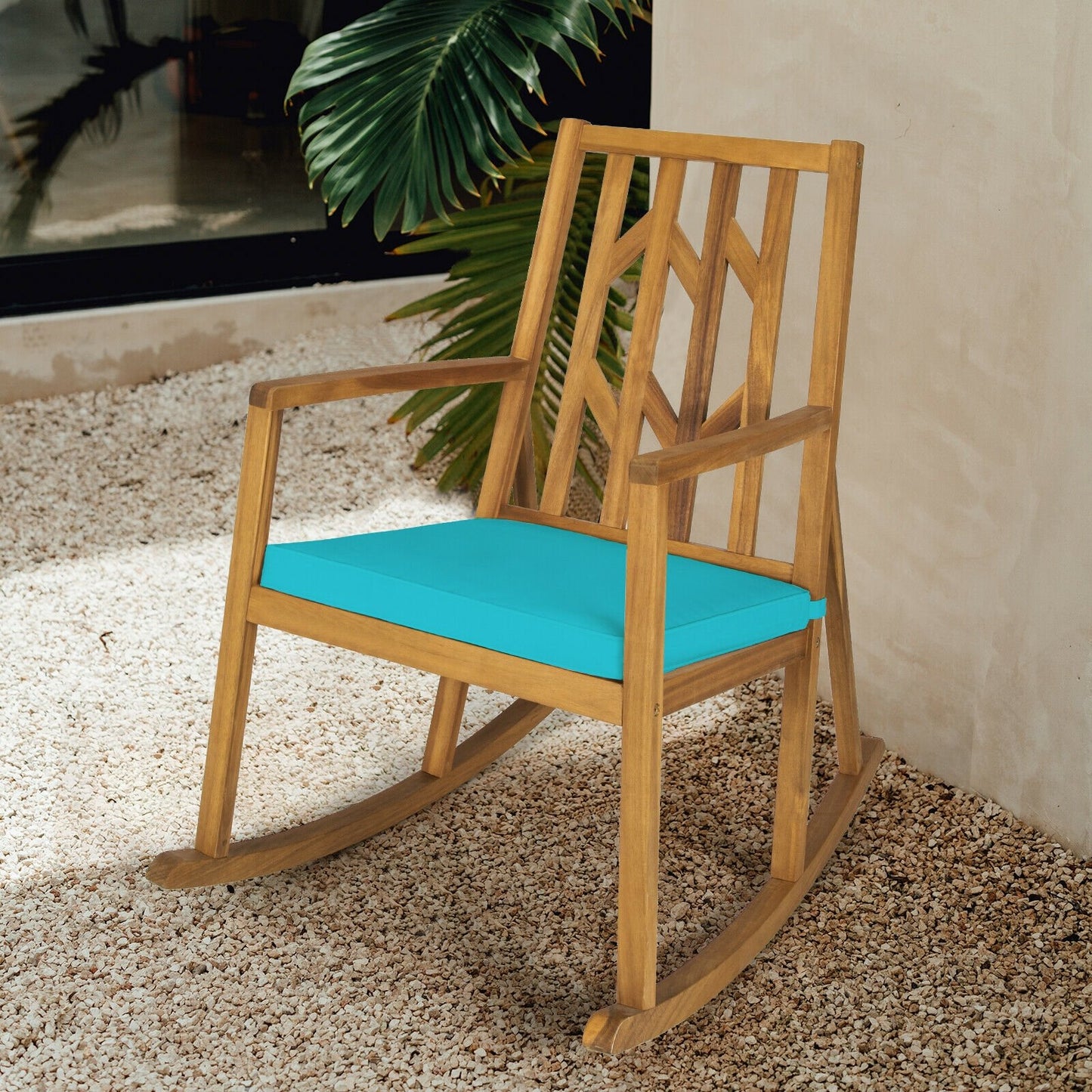 Patio Acacia Wood Rocking Chair Sofa with Armrest and Cushion for Garden and Deck, Turquoise Patio Rocking Chairs & Gliders   at Gallery Canada