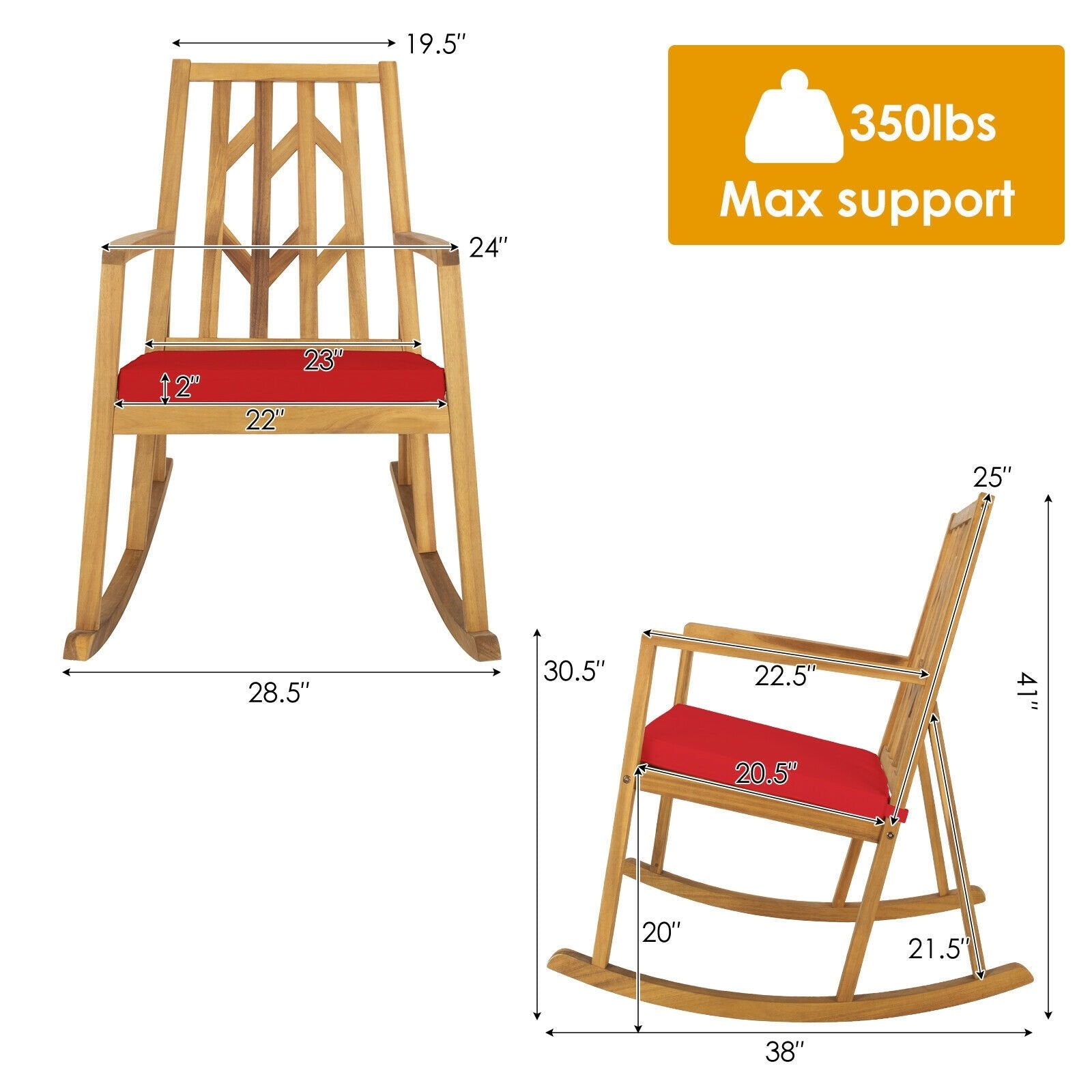 Patio Acacia Wood Rocking Chair Sofa with Armrest and Cushion for Garden and Deck, Red - Gallery Canada