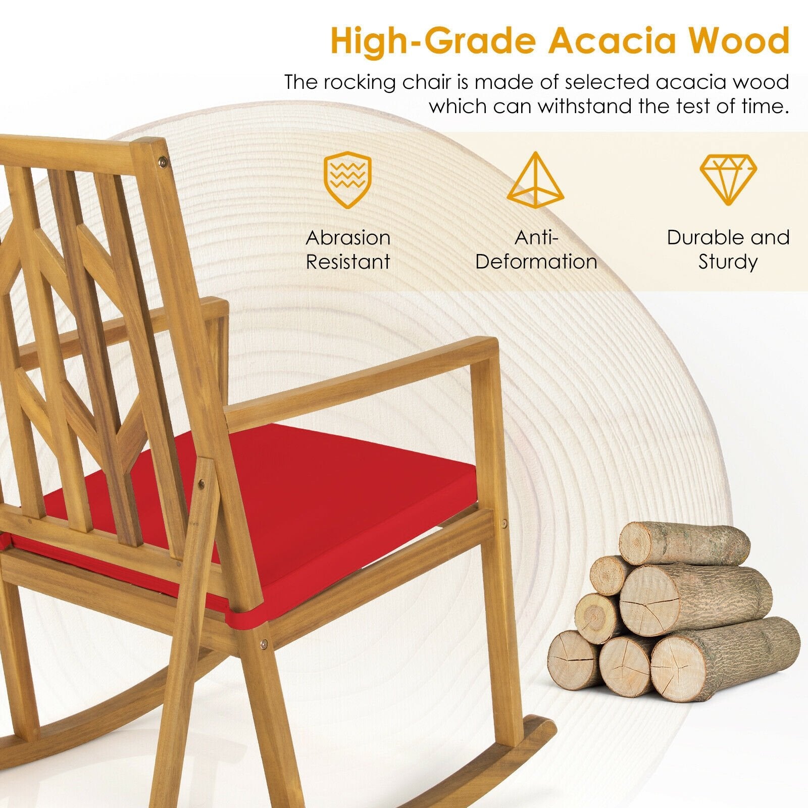 Patio Acacia Wood Rocking Chair Sofa with Armrest and Cushion for Garden and Deck, Red - Gallery Canada