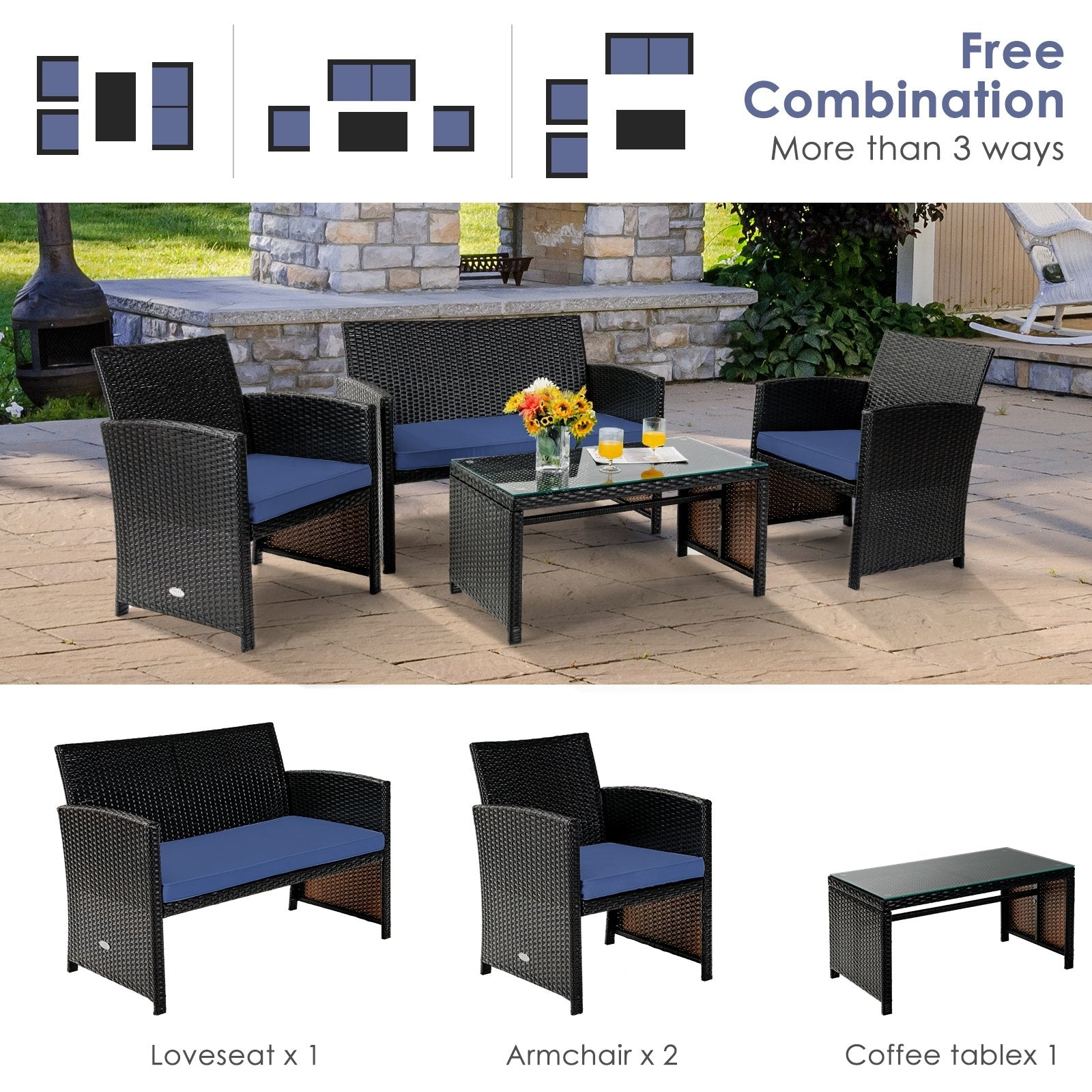 4Pcs Patio Rattan Cushioned Furniture Set, Navy Patio Conversation Sets   at Gallery Canada