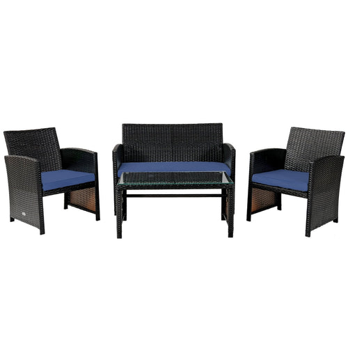 4Pcs Patio Rattan Cushioned Furniture Set, Navy