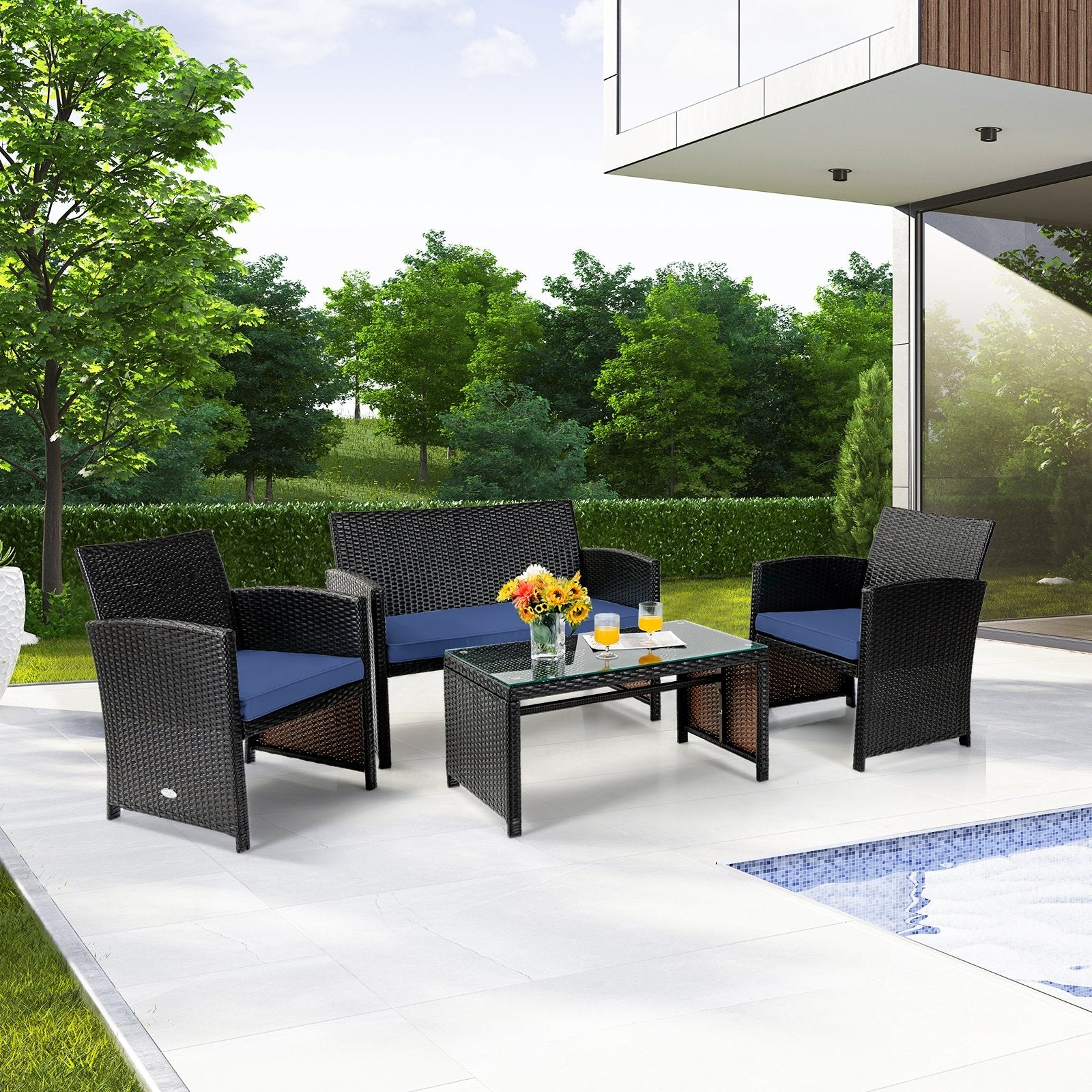 4Pcs Patio Rattan Cushioned Furniture Set, Navy Patio Conversation Sets   at Gallery Canada