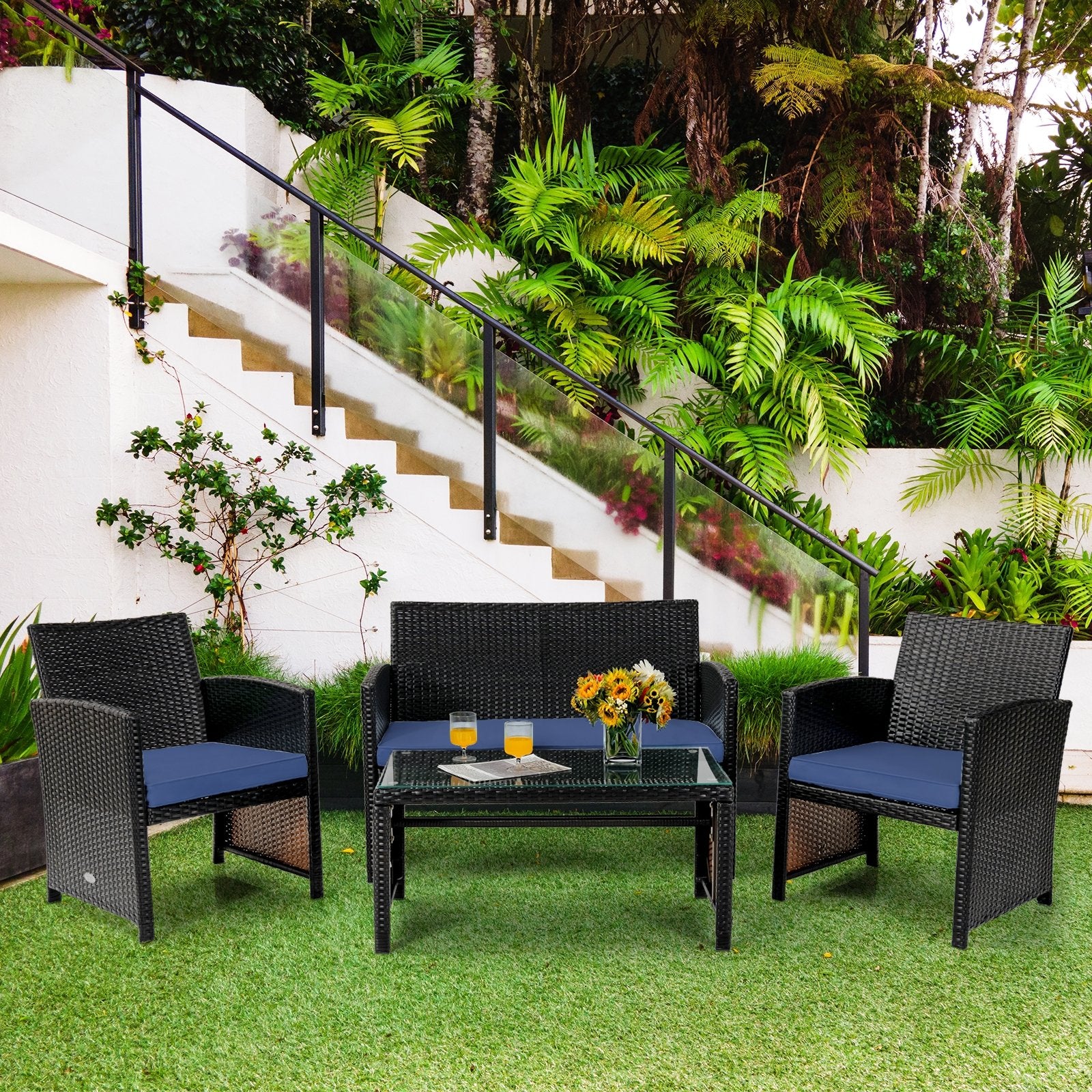 4Pcs Patio Rattan Cushioned Furniture Set, Navy Patio Conversation Sets   at Gallery Canada