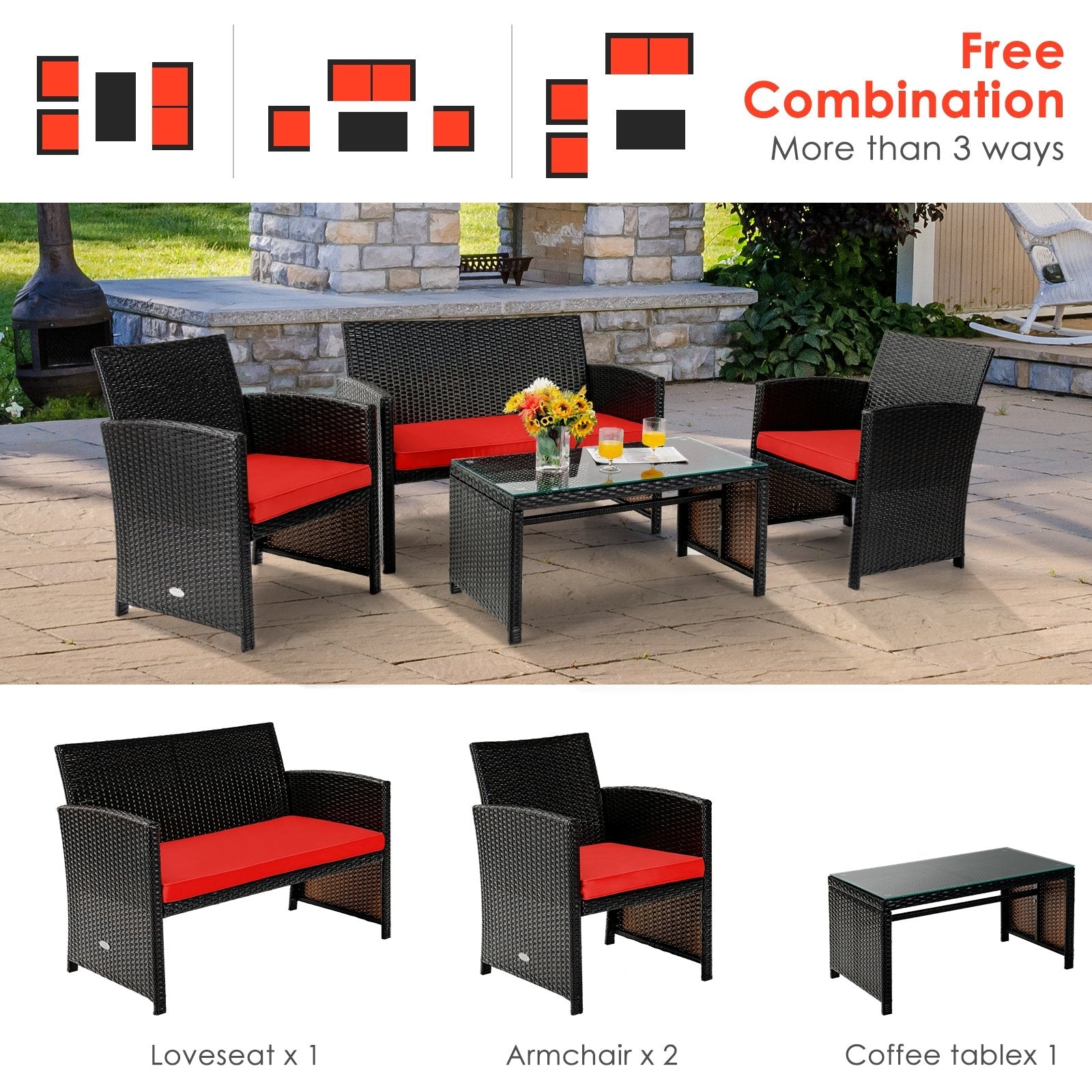 4 Pieces Patio Rattan Cushioned Furniture Set, Red Patio Conversation Sets   at Gallery Canada