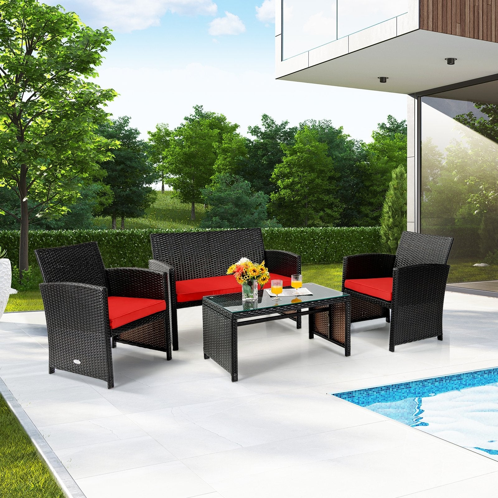 4 Pieces Patio Rattan Cushioned Furniture Set, Red Patio Conversation Sets   at Gallery Canada