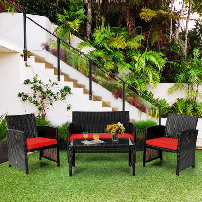 4 Pieces Patio Rattan Cushioned Furniture Set, Red Patio Conversation Sets   at Gallery Canada