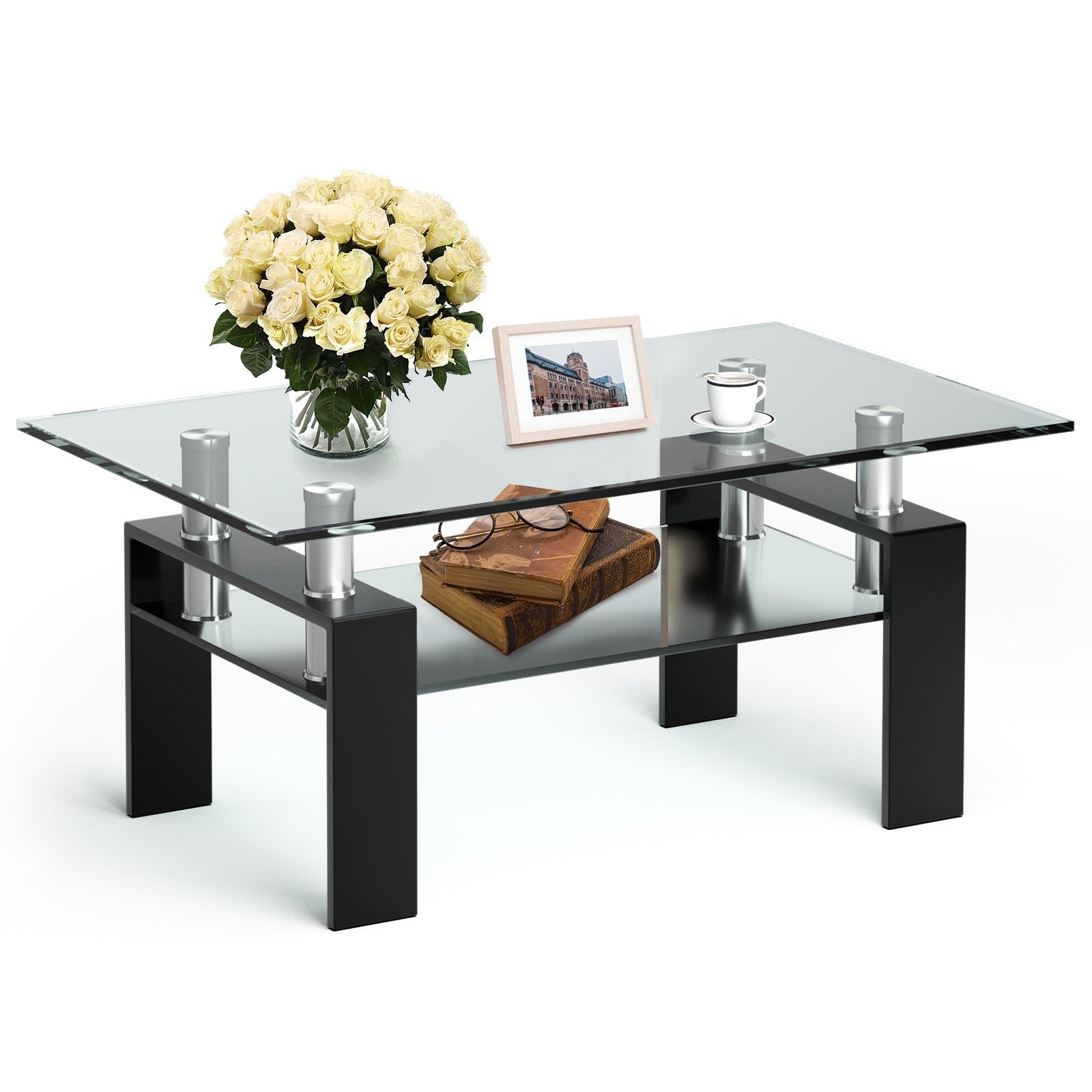 Rectangle Glass Coffee Table with Metal Legs for Living Room, Black Coffee Tables   at Gallery Canada