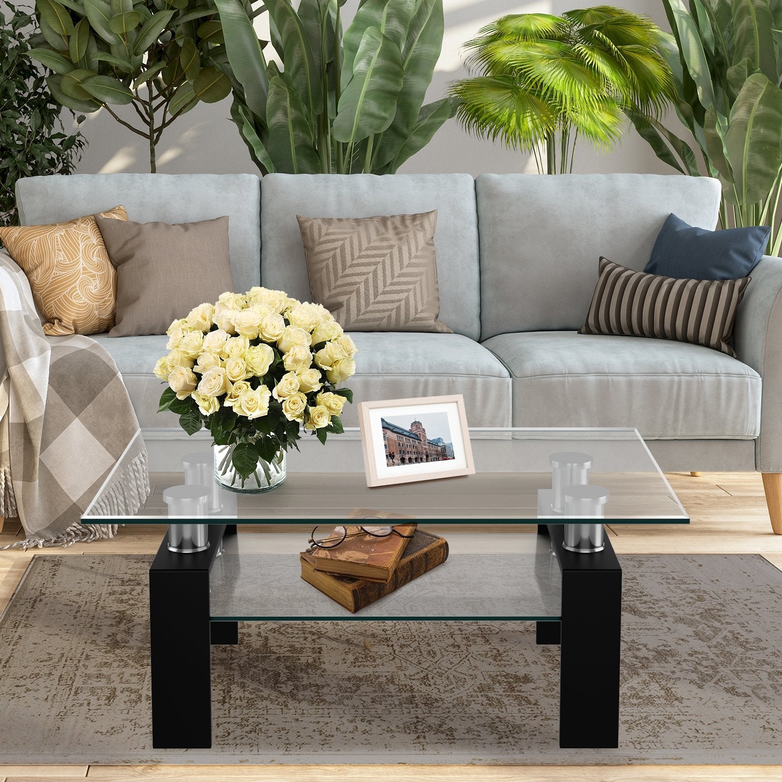 Rectangle Glass Coffee Table with Metal Legs for Living Room, Black Coffee Tables   at Gallery Canada