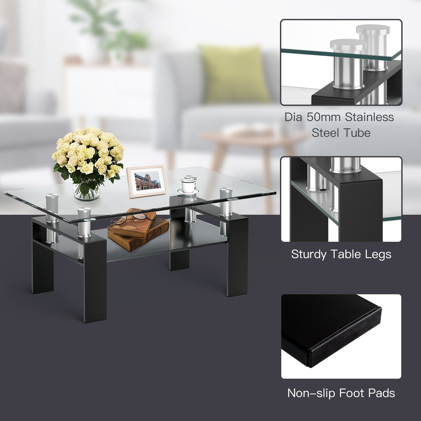 Rectangle Glass Coffee Table with Metal Legs for Living Room, Black Coffee Tables   at Gallery Canada