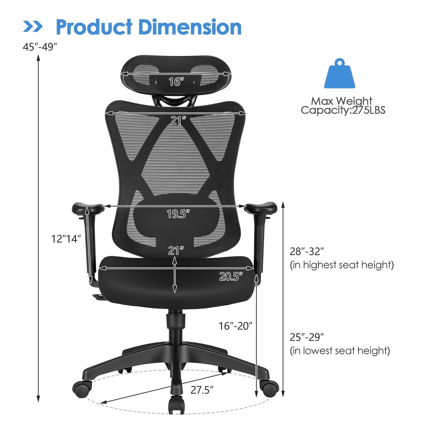 High Back Mesh Executive Chair with Adjustable Lumbar Support, Black Ergonomic Chairs   at Gallery Canada