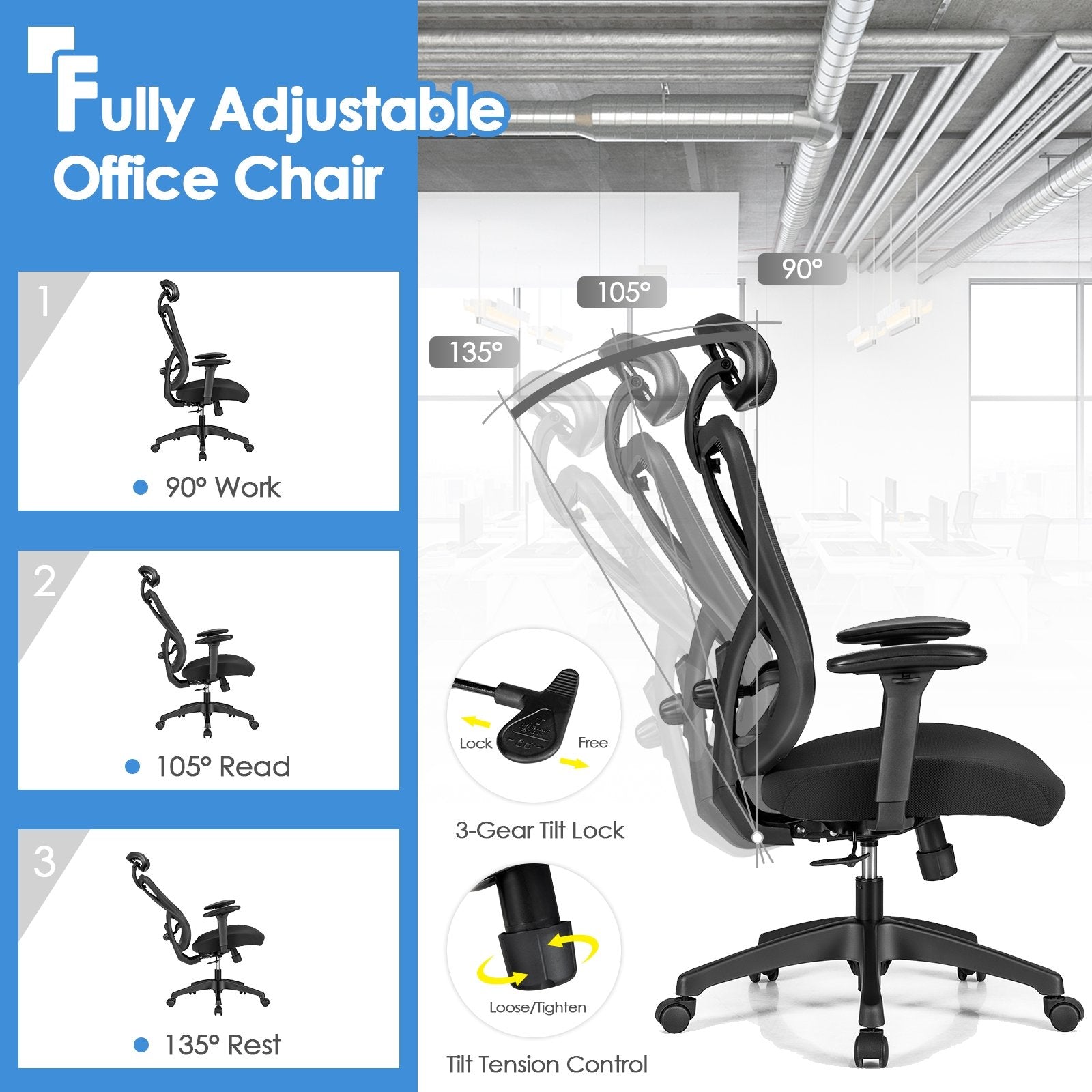 High Back Mesh Executive Chair with Adjustable Lumbar Support, Black Ergonomic Chairs   at Gallery Canada