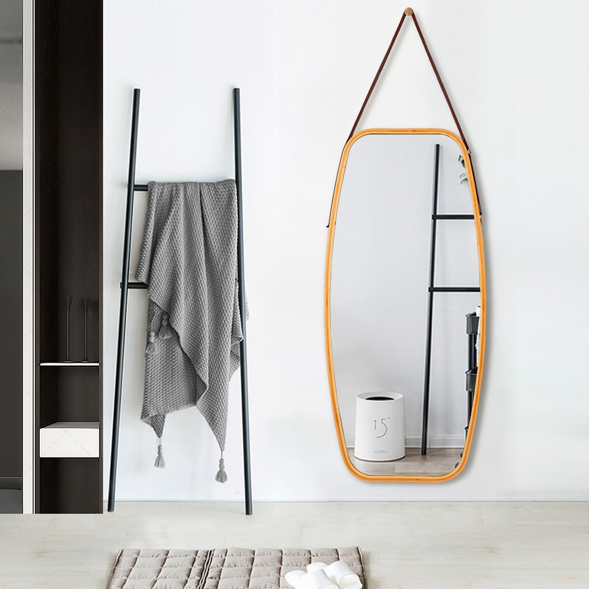 Modern Wall Mirror with Bamboo Frame and Adjustable Leather Strap, Natural Wall Mirrors at Gallery Canada