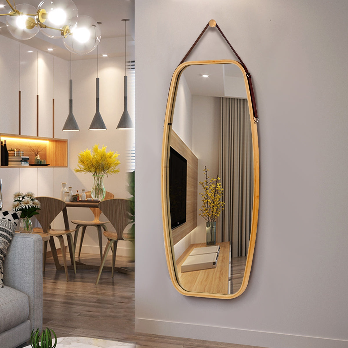 Modern Wall Mirror with Bamboo Frame and Adjustable Leather Strap, Natural Wall Mirrors at Gallery Canada