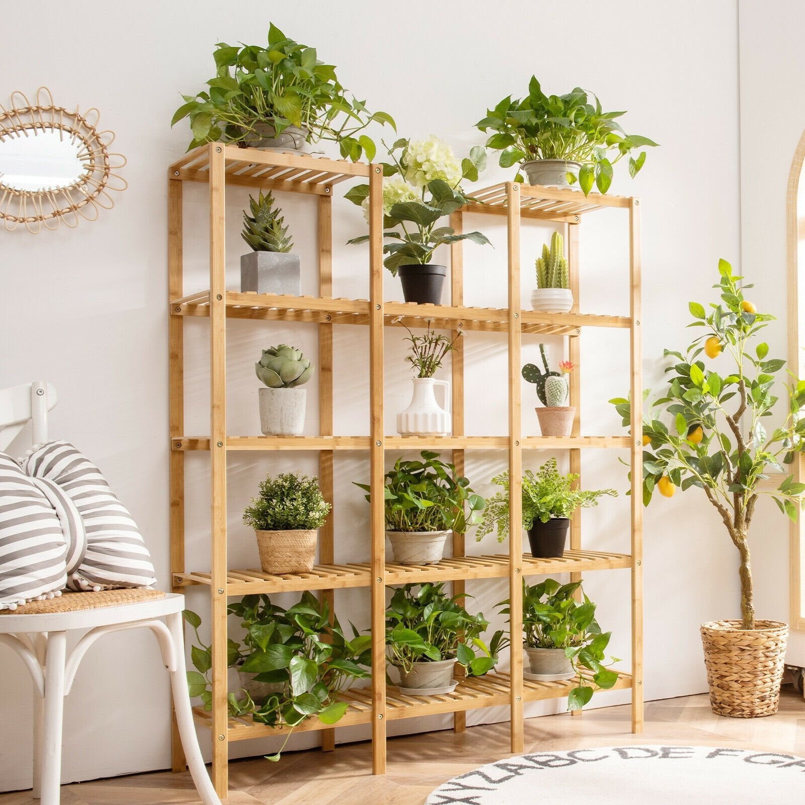 Multifunctional Bamboo Shelf Flower Plant Display Stand, Natural Plant Stands   at Gallery Canada