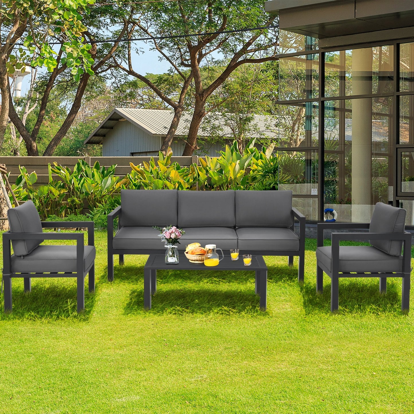 4 Pieces Outdoor Furniture Set for Backyard and Poolside, Gray Patio Conversation Sets   at Gallery Canada