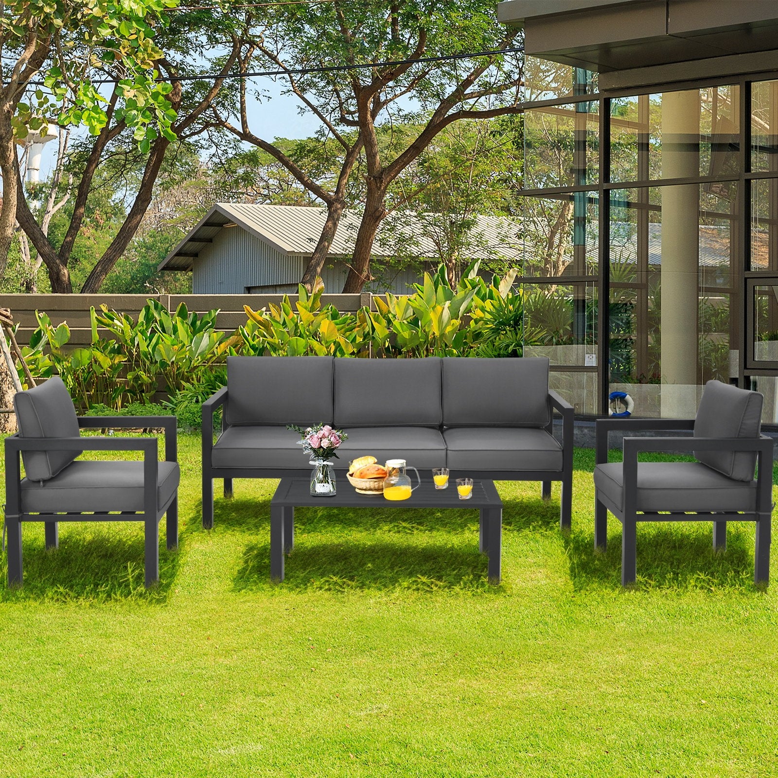 4 Pieces Outdoor Furniture Set for Backyard and Poolside, Gray Patio Conversation Sets   at Gallery Canada