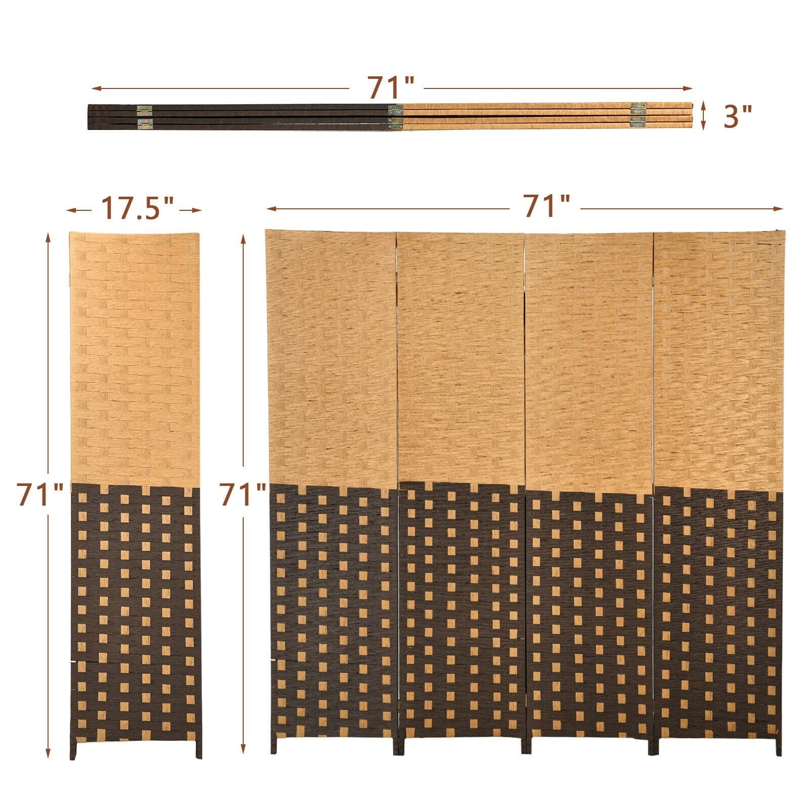 4 Panel Portable Folding Hand-Woven Wall Divider Suitable for Home Office, Brown Room Dividers   at Gallery Canada