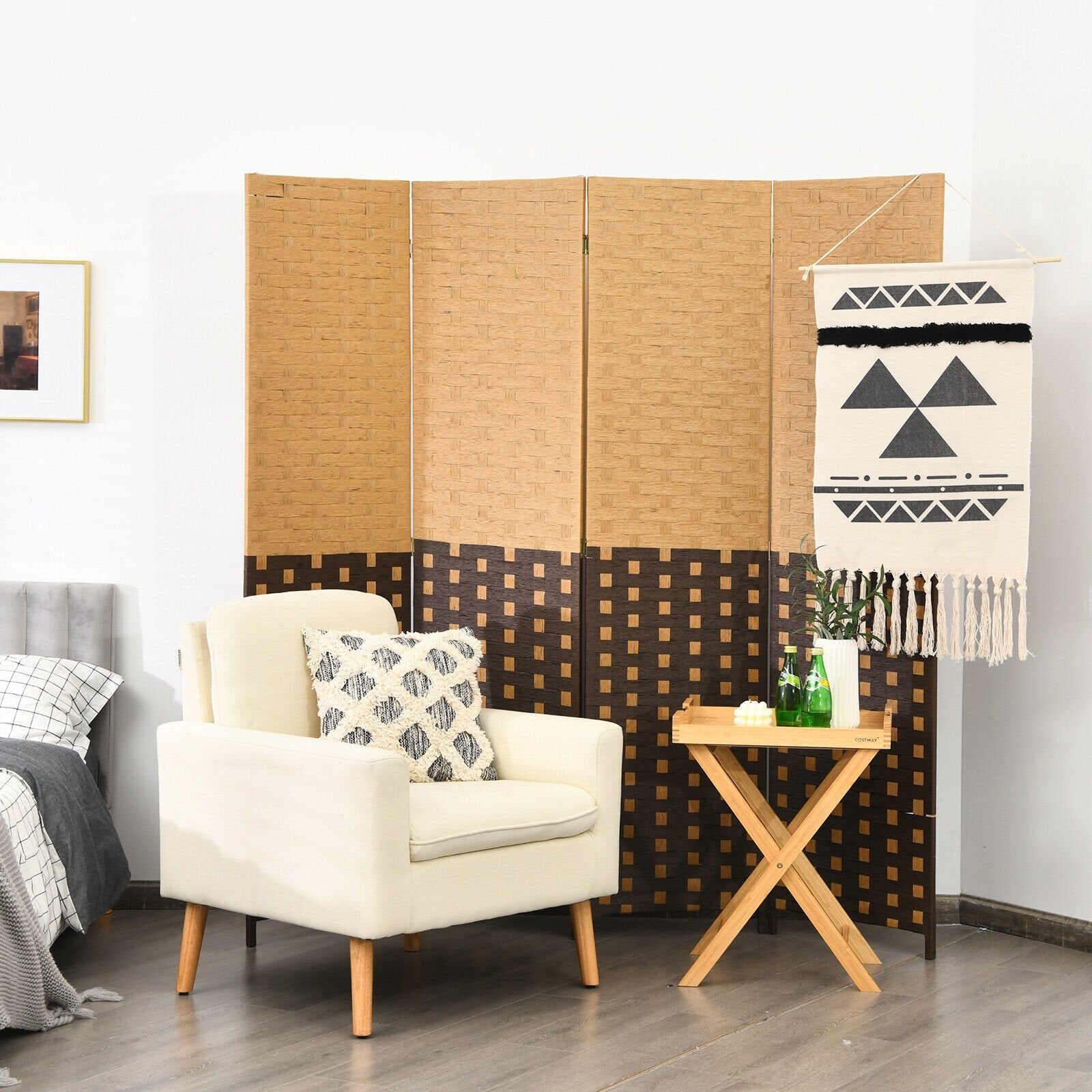 4 Panel Portable Folding Hand-Woven Wall Divider Suitable for Home Office, Brown Room Dividers   at Gallery Canada