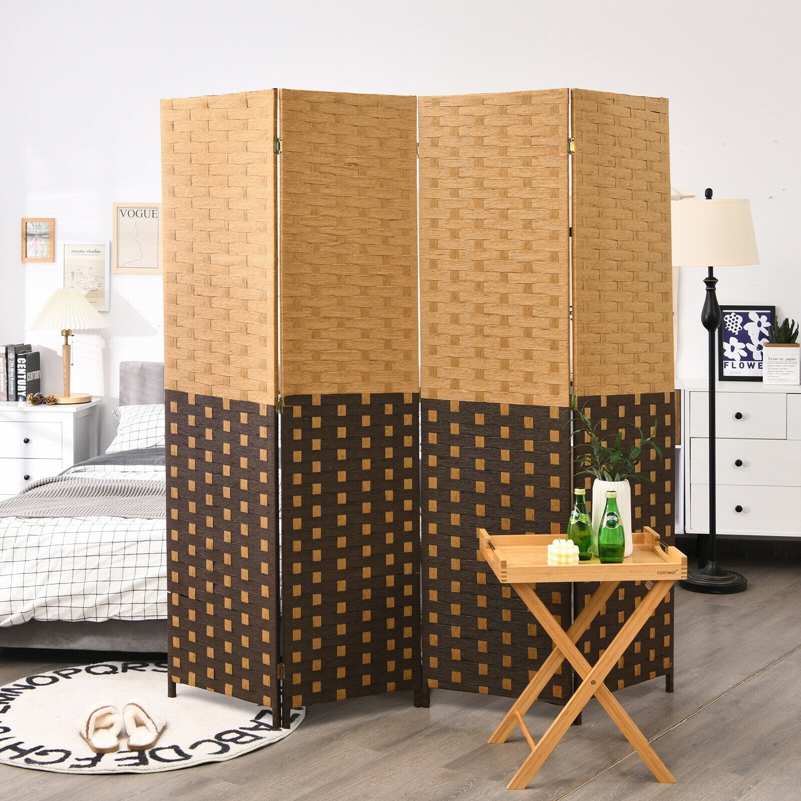 4 Panel Portable Folding Hand-Woven Wall Divider Suitable for Home Office, Brown Room Dividers   at Gallery Canada