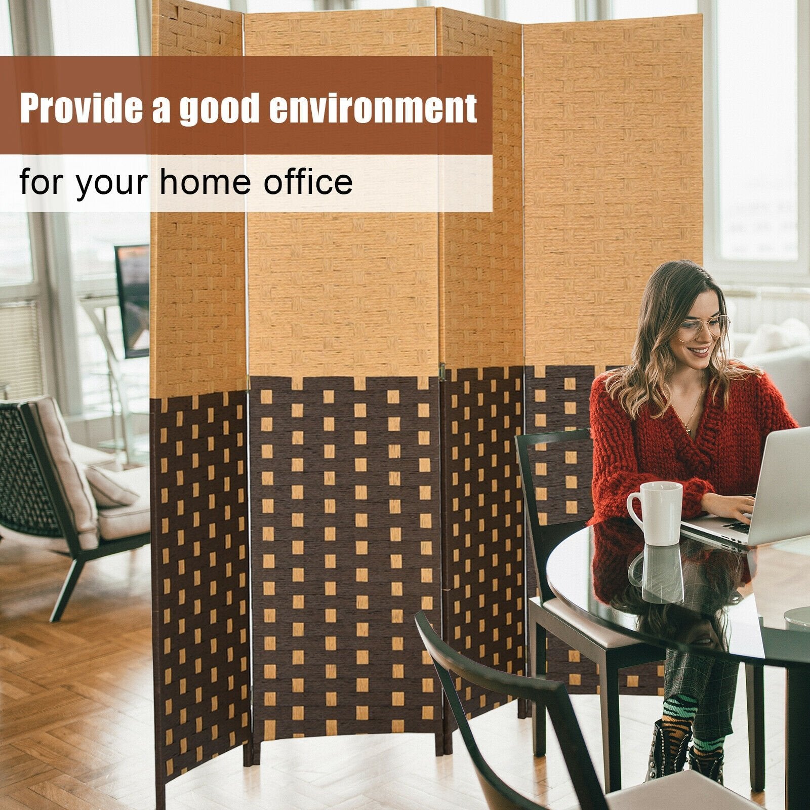 4 Panel Portable Folding Hand-Woven Wall Divider Suitable for Home Office, Brown Room Dividers   at Gallery Canada