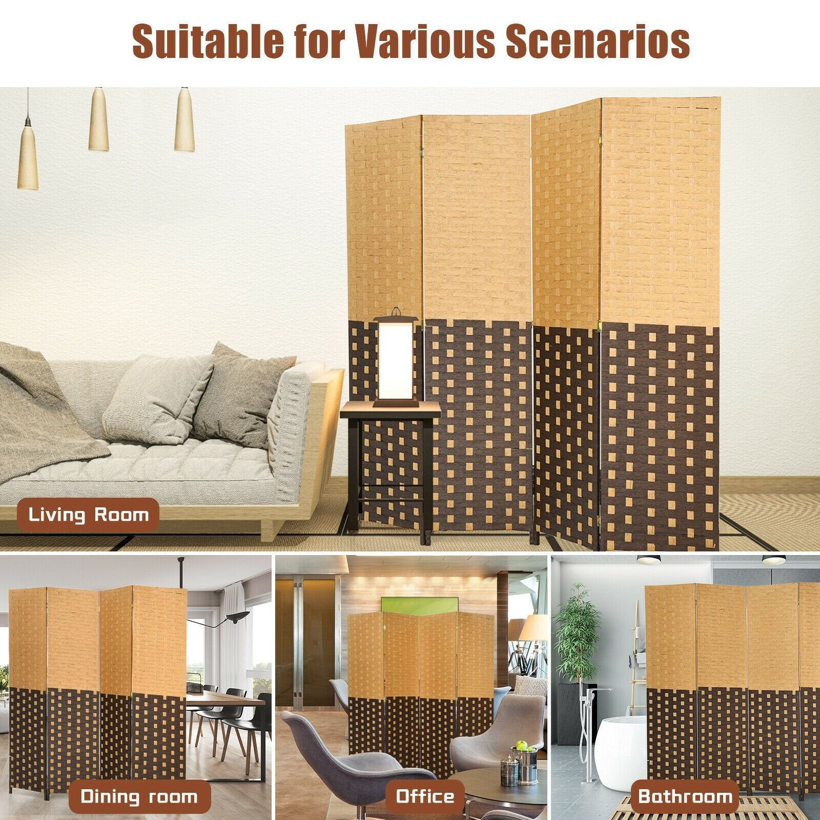 4 Panel Portable Folding Hand-Woven Wall Divider Suitable for Home Office, Brown Room Dividers   at Gallery Canada