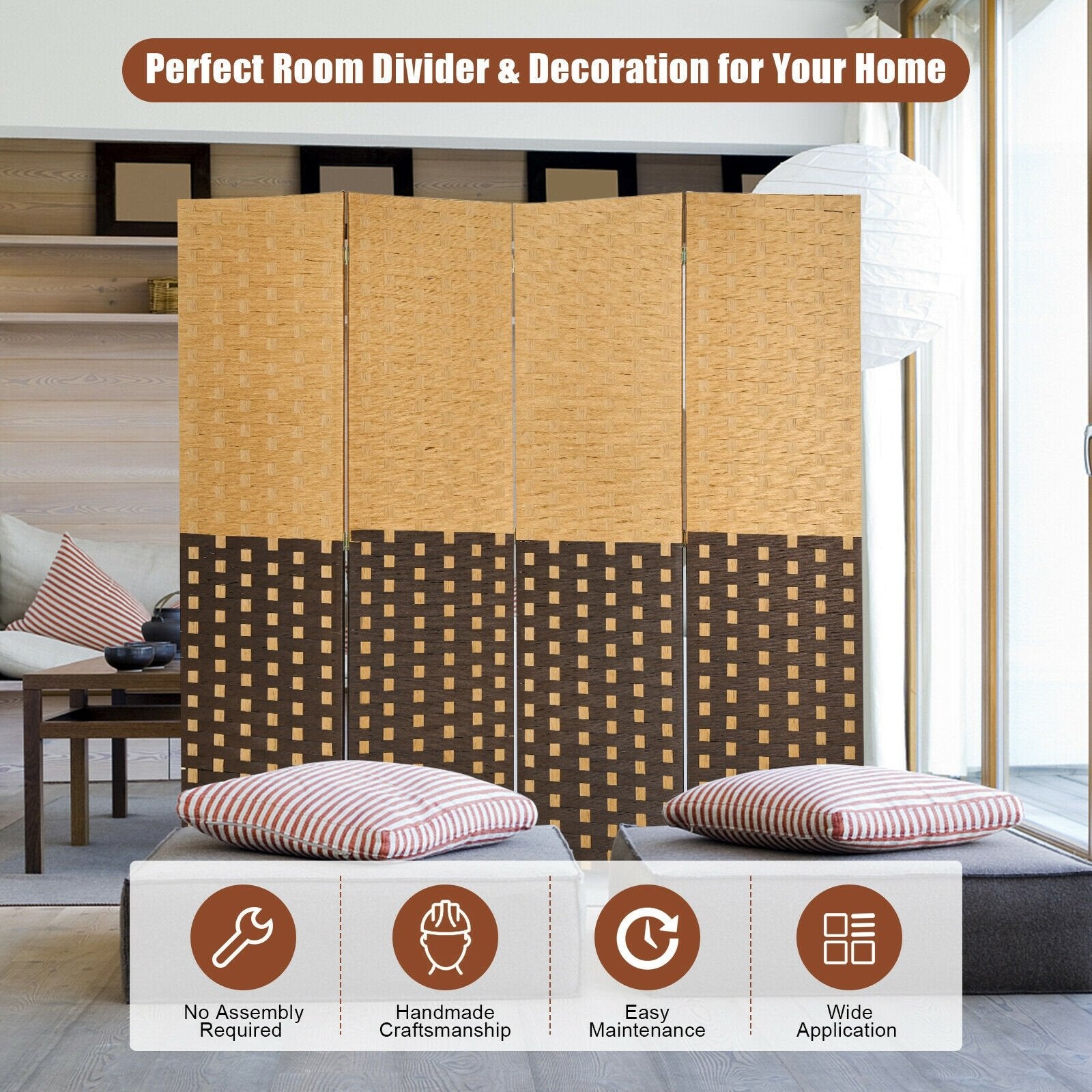 4 Panel Portable Folding Hand-Woven Wall Divider Suitable for Home Office, Brown Room Dividers   at Gallery Canada