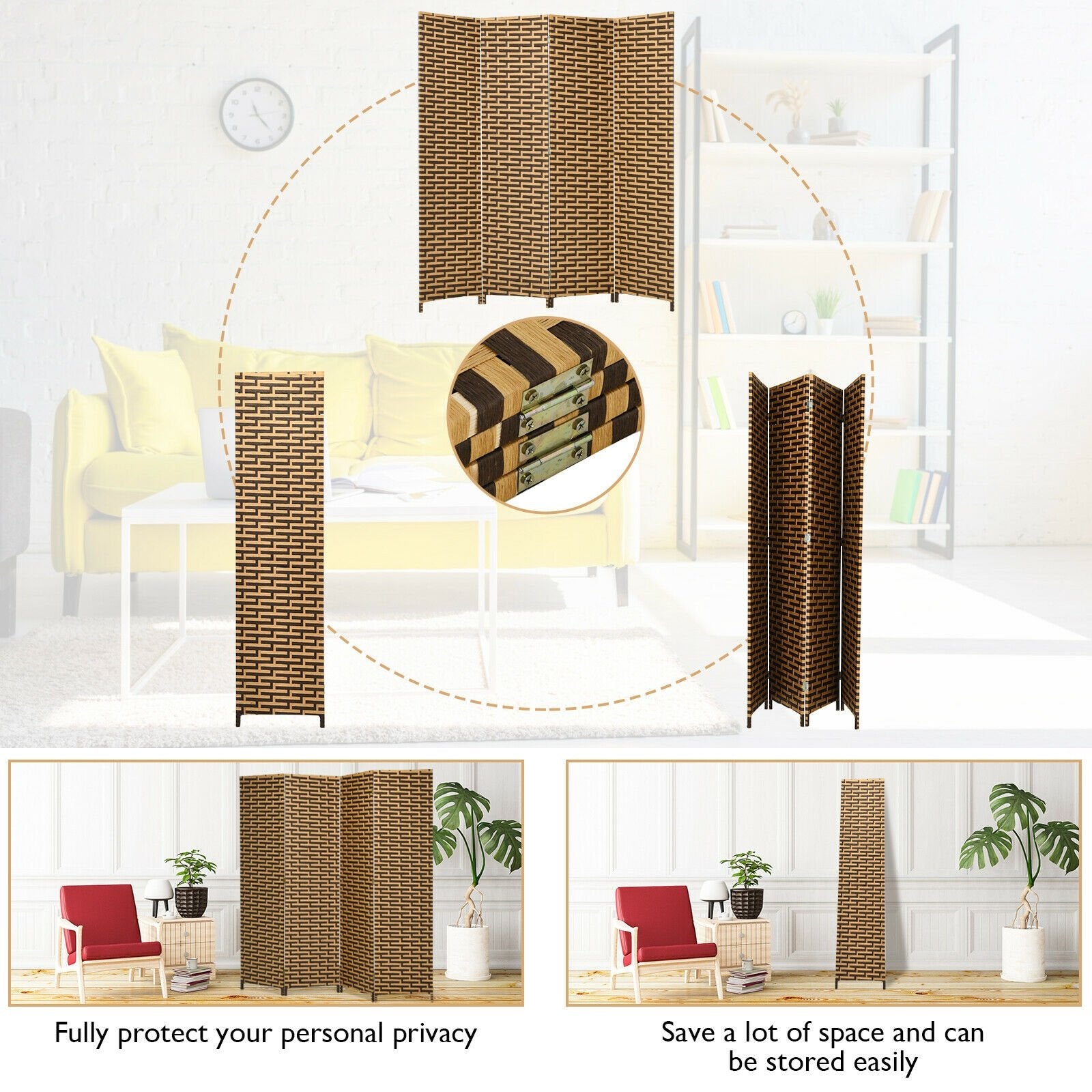 4 Panel Folding Privacy Partition Room Divider with Rustproof Hinge, Yellow Room Dividers   at Gallery Canada