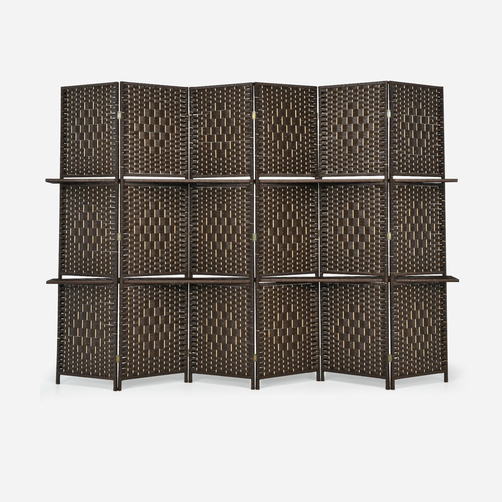 6 Panel Folding Weave Fiber Room Divider with 2 Display Shelves , Brown Room Dividers   at Gallery Canada