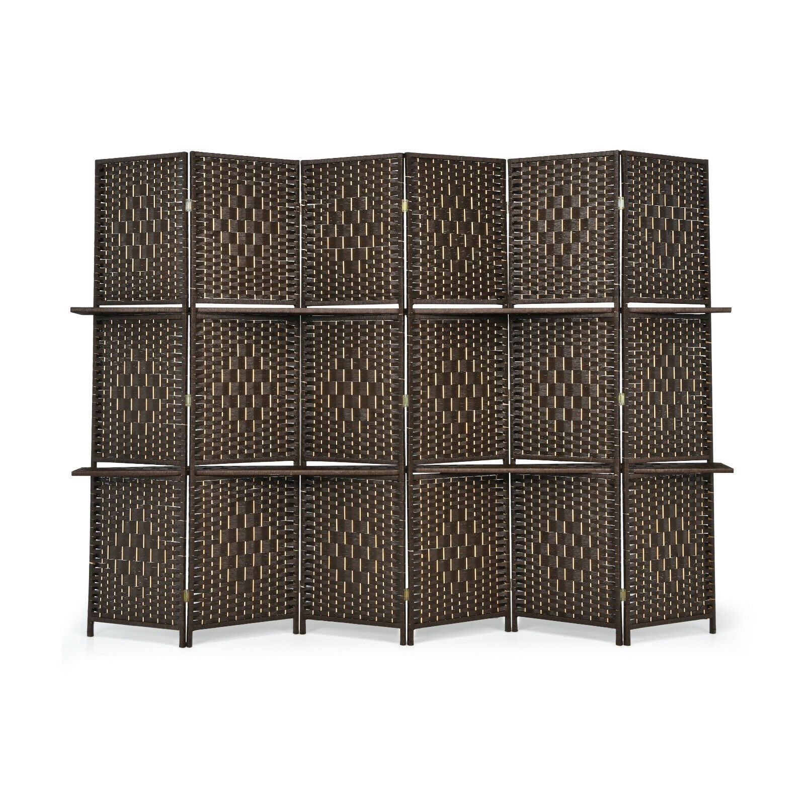 6 Panel Folding Weave Fiber Room Divider with 2 Display Shelves , Brown Room Dividers   at Gallery Canada