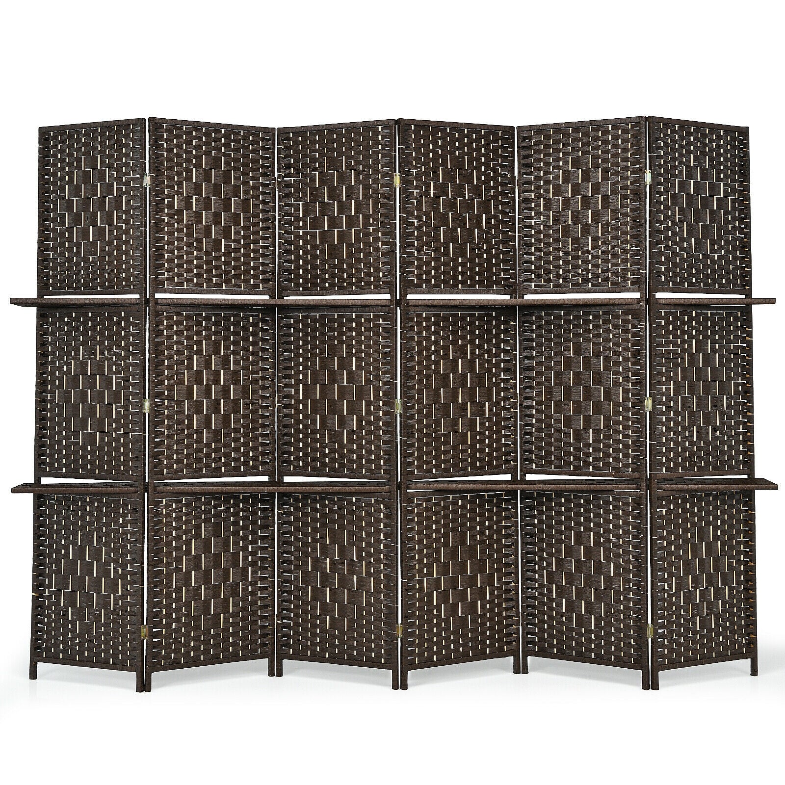 6 Panel Folding Weave Fiber Room Divider with 2 Display Shelves , Brown Room Dividers at Gallery Canada