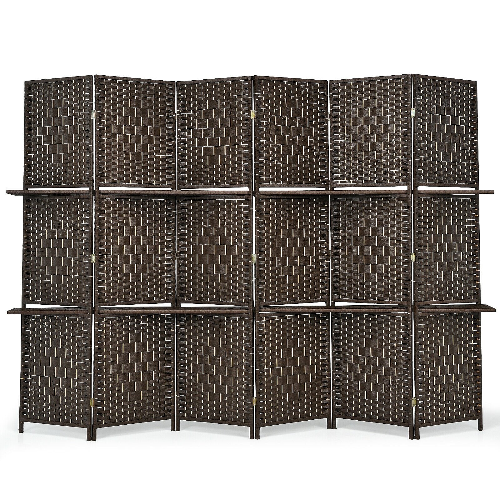 6 Panel Folding Weave Fiber Room Divider with 2 Display Shelves , Brown Room Dividers Brown at Gallery Canada