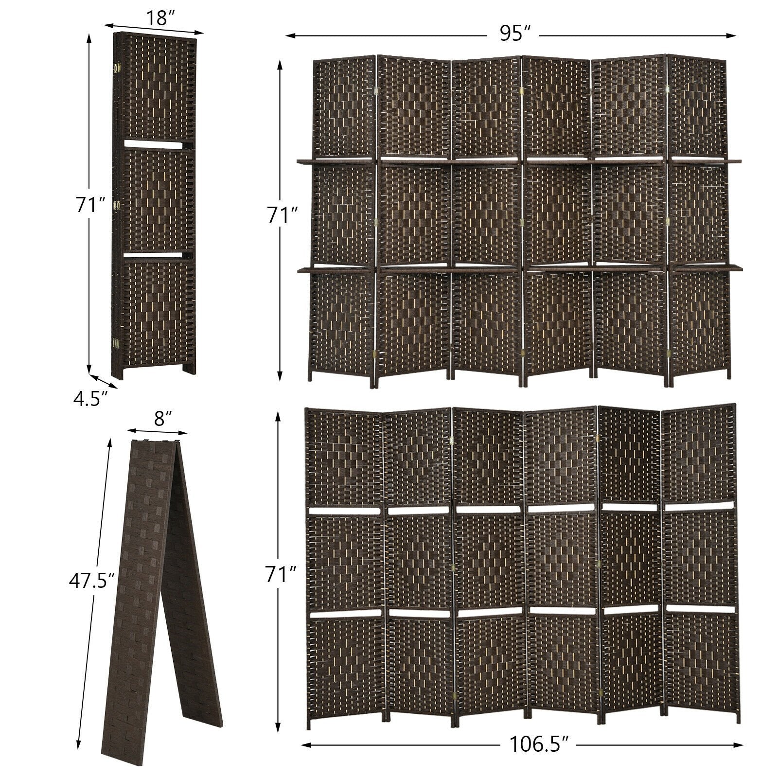 6 Panel Folding Weave Fiber Room Divider with 2 Display Shelves , Brown Room Dividers   at Gallery Canada