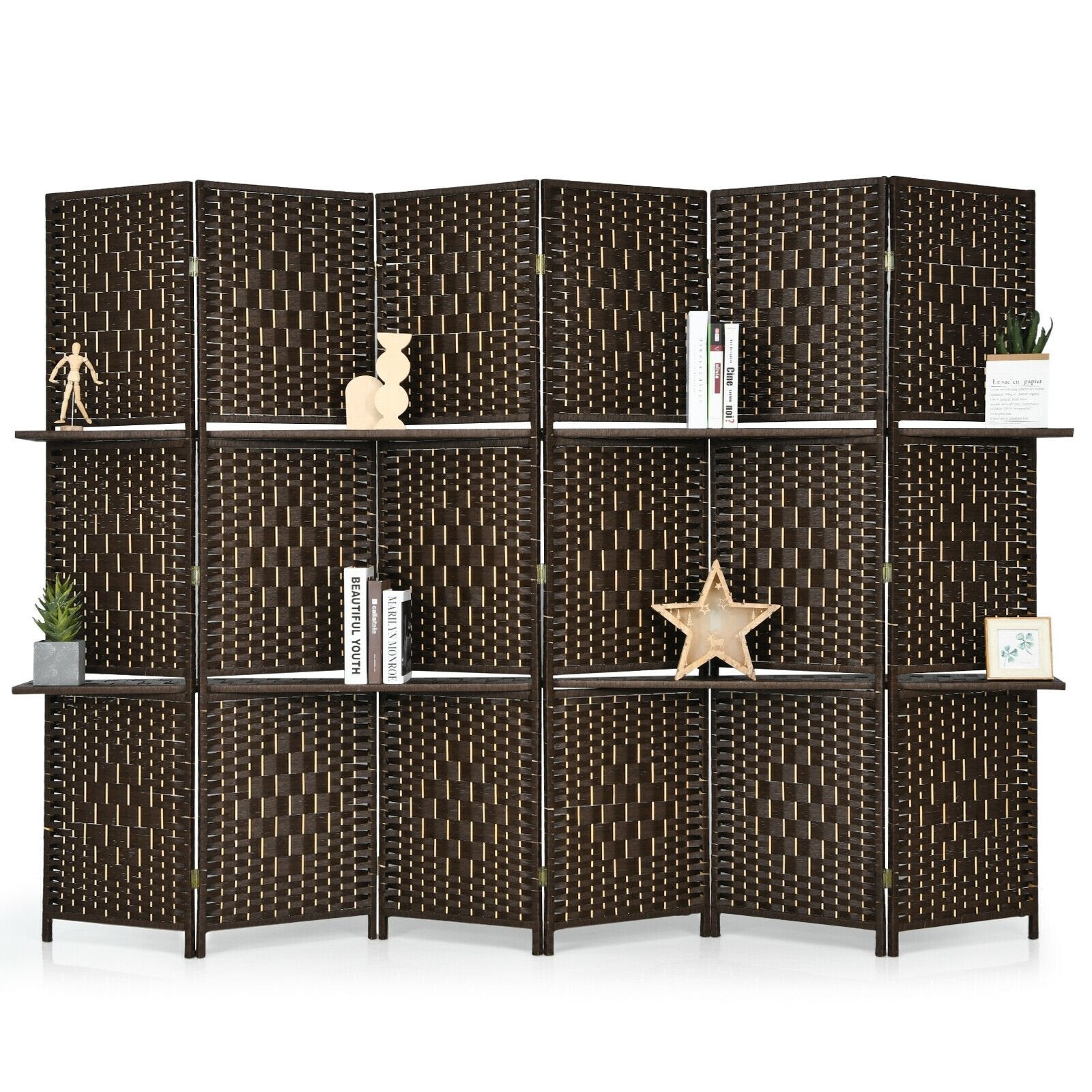 6 Panel Folding Weave Fiber Room Divider with 2 Display Shelves , Brown Room Dividers   at Gallery Canada