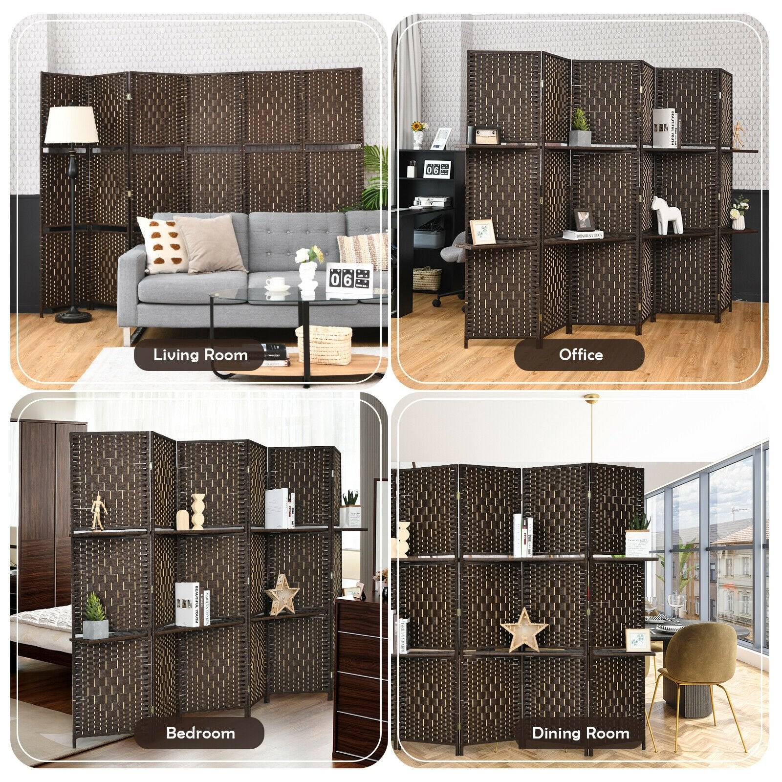 6 Panel Folding Weave Fiber Room Divider with 2 Display Shelves , Brown Room Dividers   at Gallery Canada