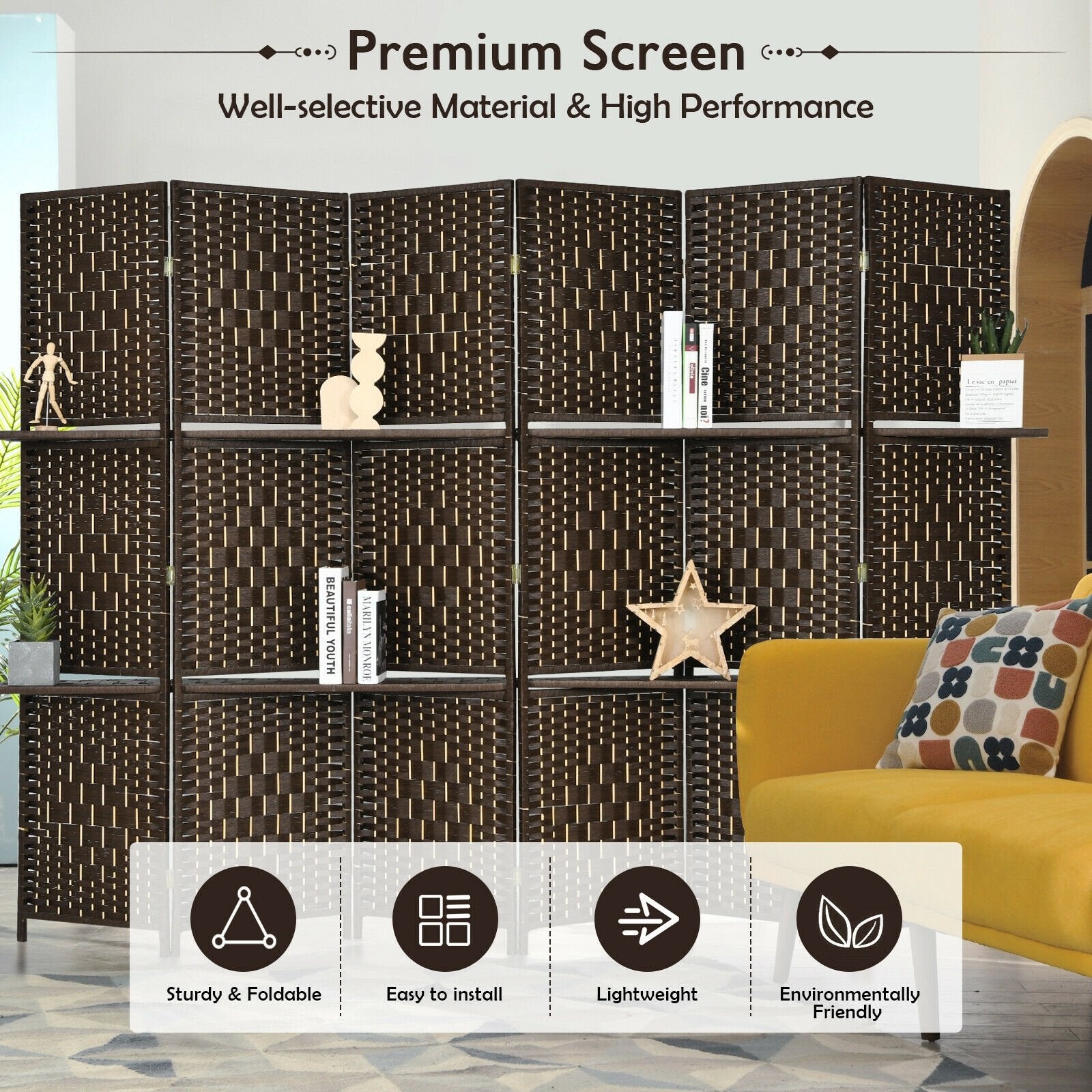 6 Panel Folding Weave Fiber Room Divider with 2 Display Shelves , Brown Room Dividers   at Gallery Canada