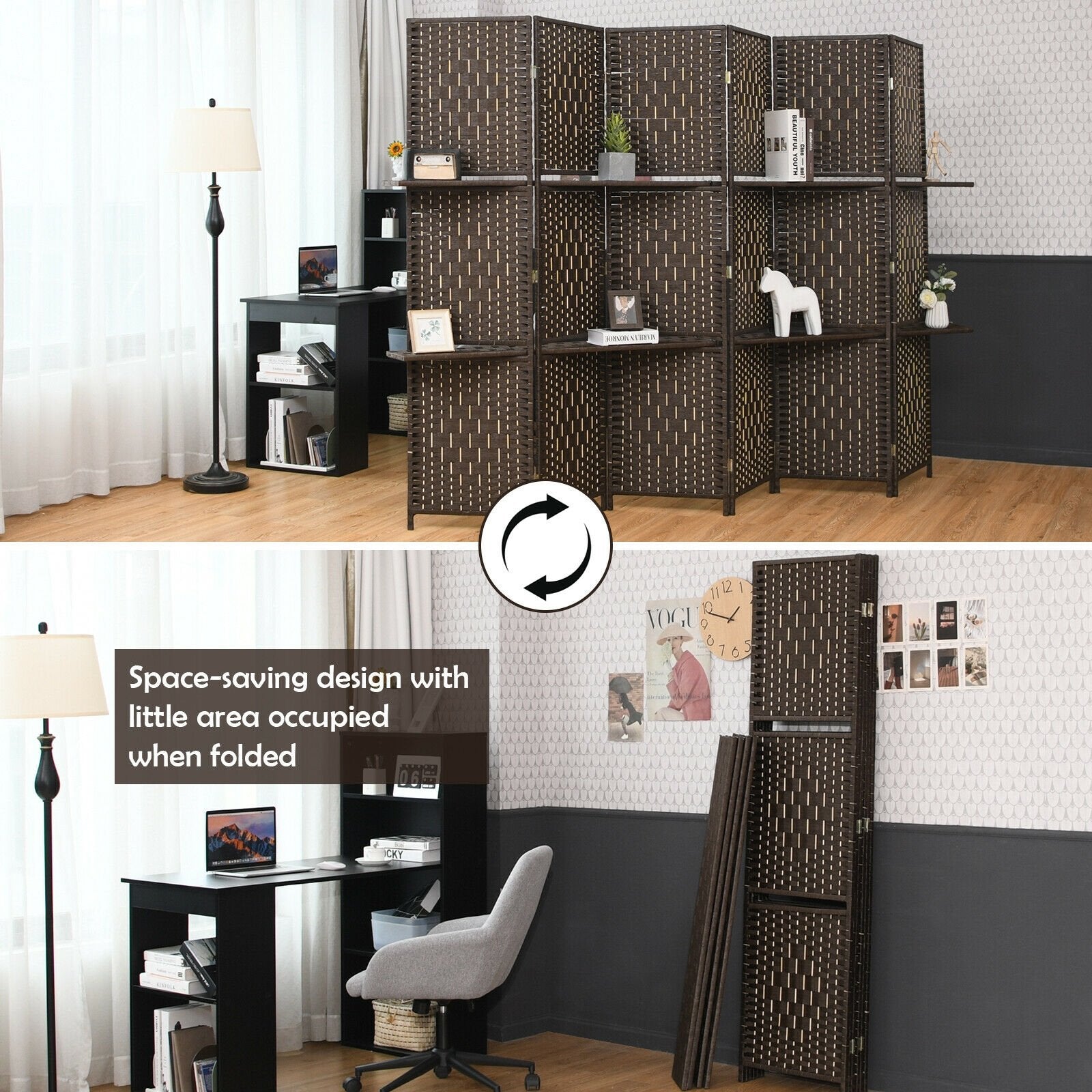 6 Panel Folding Weave Fiber Room Divider with 2 Display Shelves , Brown Room Dividers   at Gallery Canada