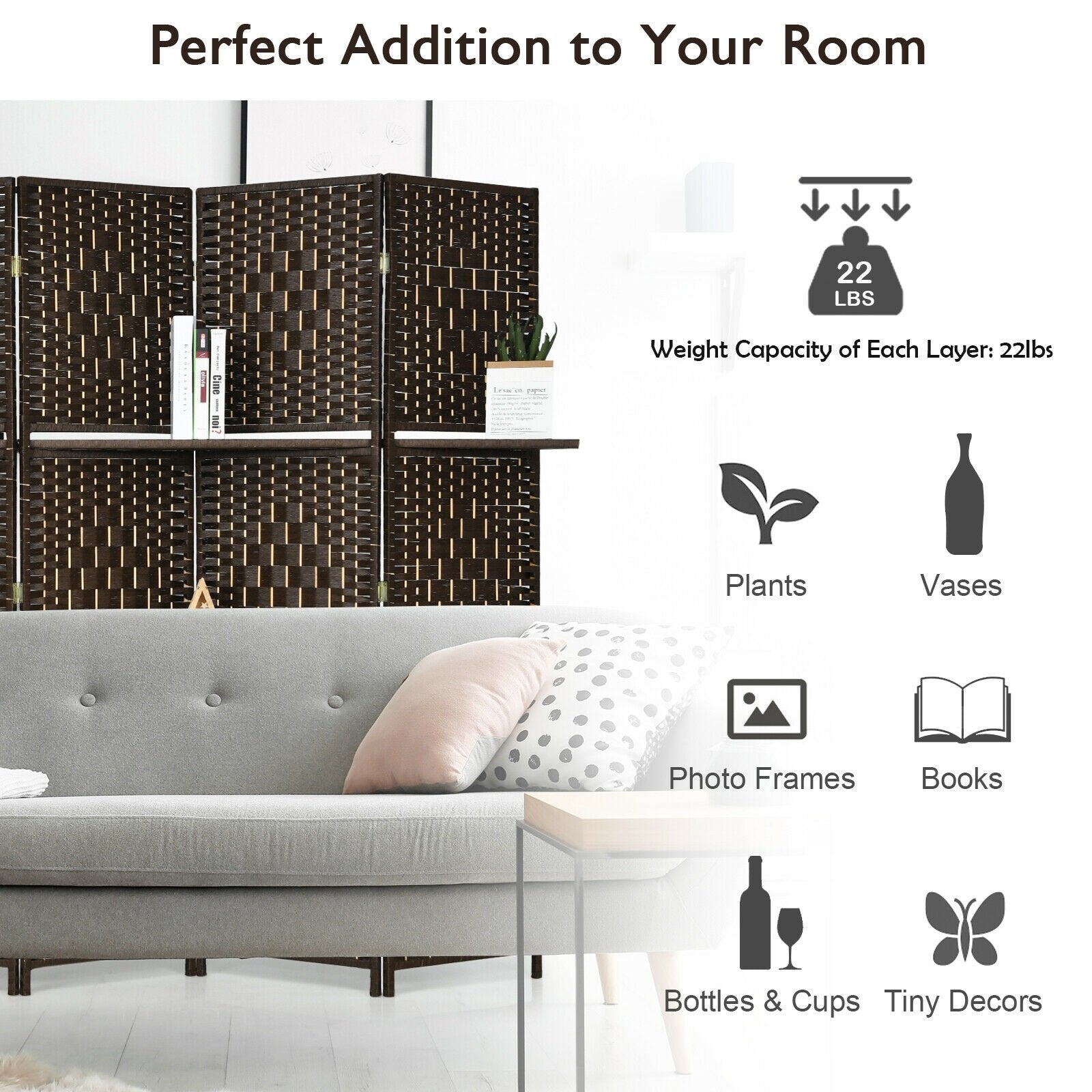 6 Panel Folding Weave Fiber Room Divider with 2 Display Shelves , Brown Room Dividers   at Gallery Canada